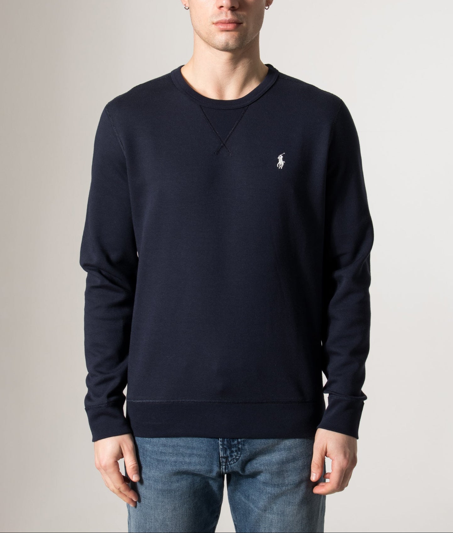 Polo Ralph Lauren Double-Knit Sweatshirt in Aviator Navy at EQVVS Menswear. Model front shot.