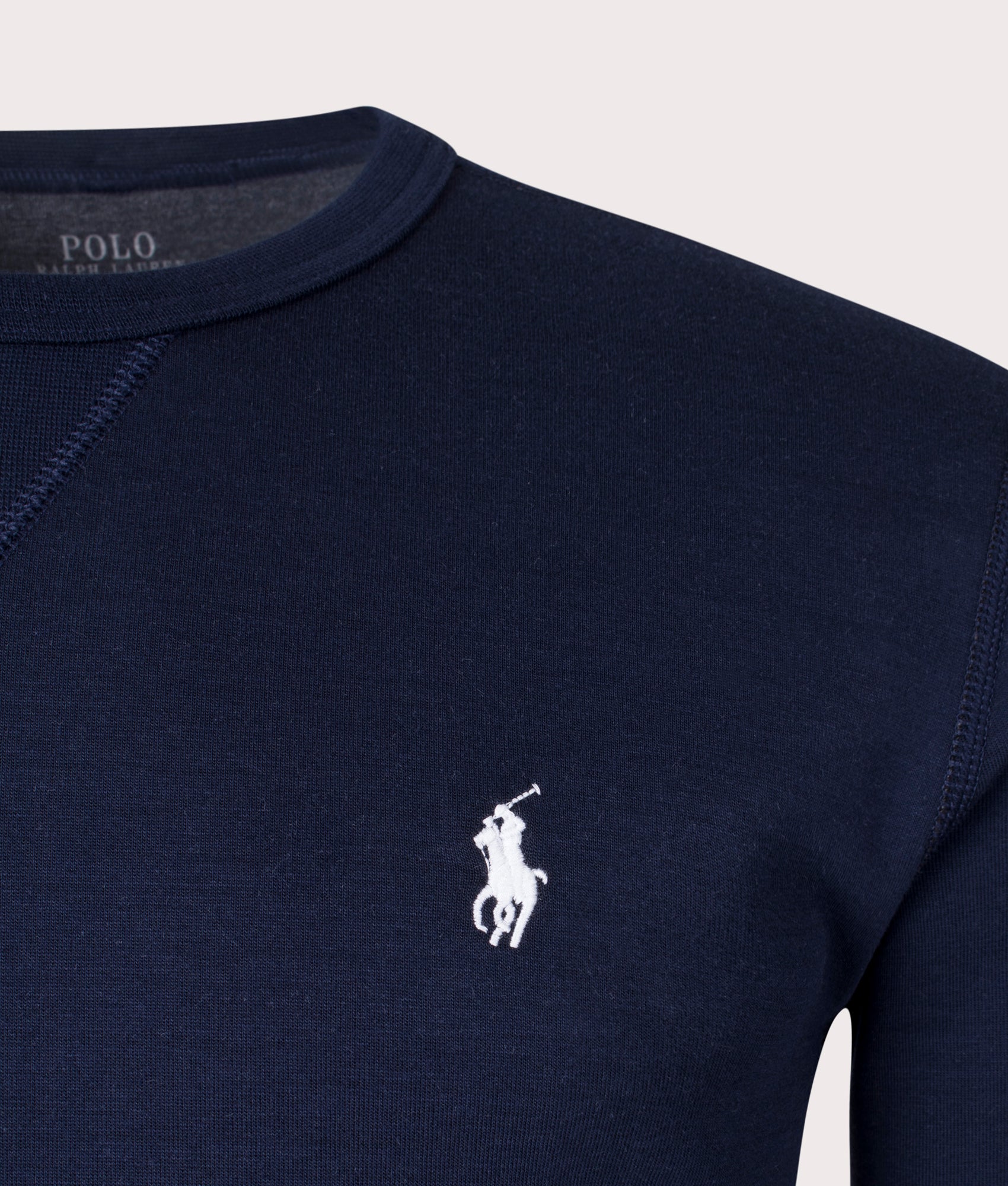 Polo Ralph Lauren Double-Knit Sweatshirt in Aviator Navy at EQVVS Menswear. Detail shot.