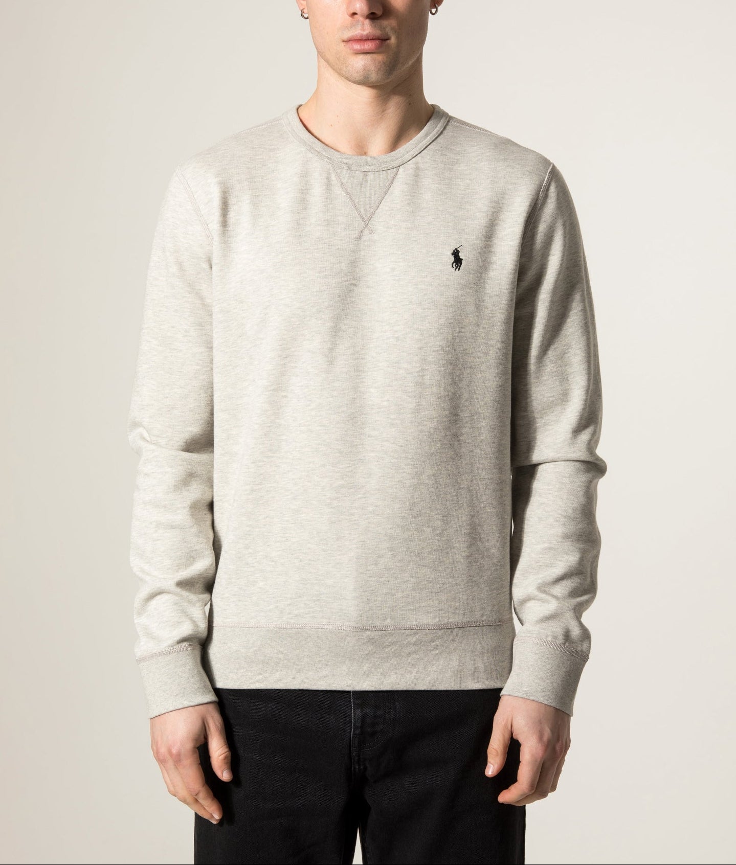 Polo Ralph Lauren Double Knit Sweatshirt in Sport Grey Heather with Polo Black Pony at EQVVS Menswear. Model front shot.