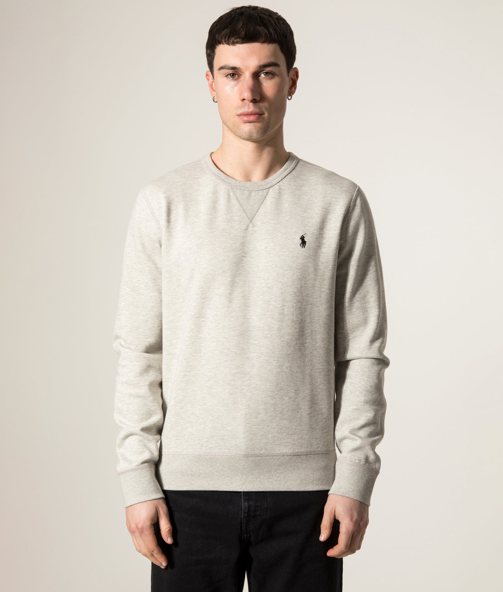 Polo Ralph Lauren Double Knit Sweatshirt in Sport Grey Heather with Polo Black Pony at EQVVS Menswear. Model front shot.