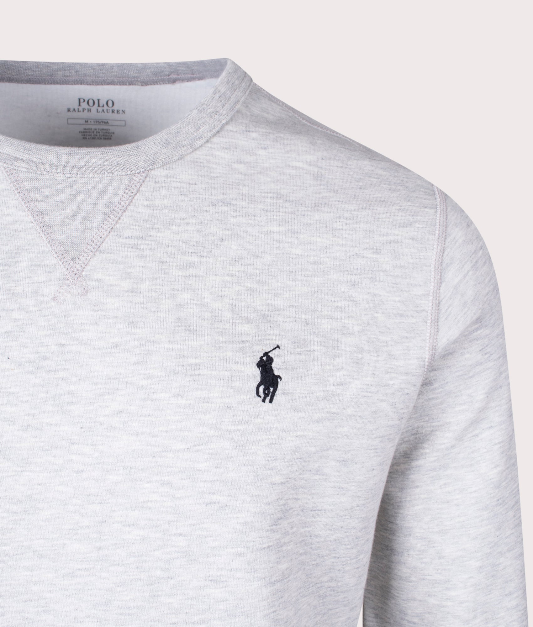 Polo Ralph Lauren Double Knit Sweatshirt in Sport Grey Heather with Polo Black Pony at EQVVS Menswear. Detail shot.