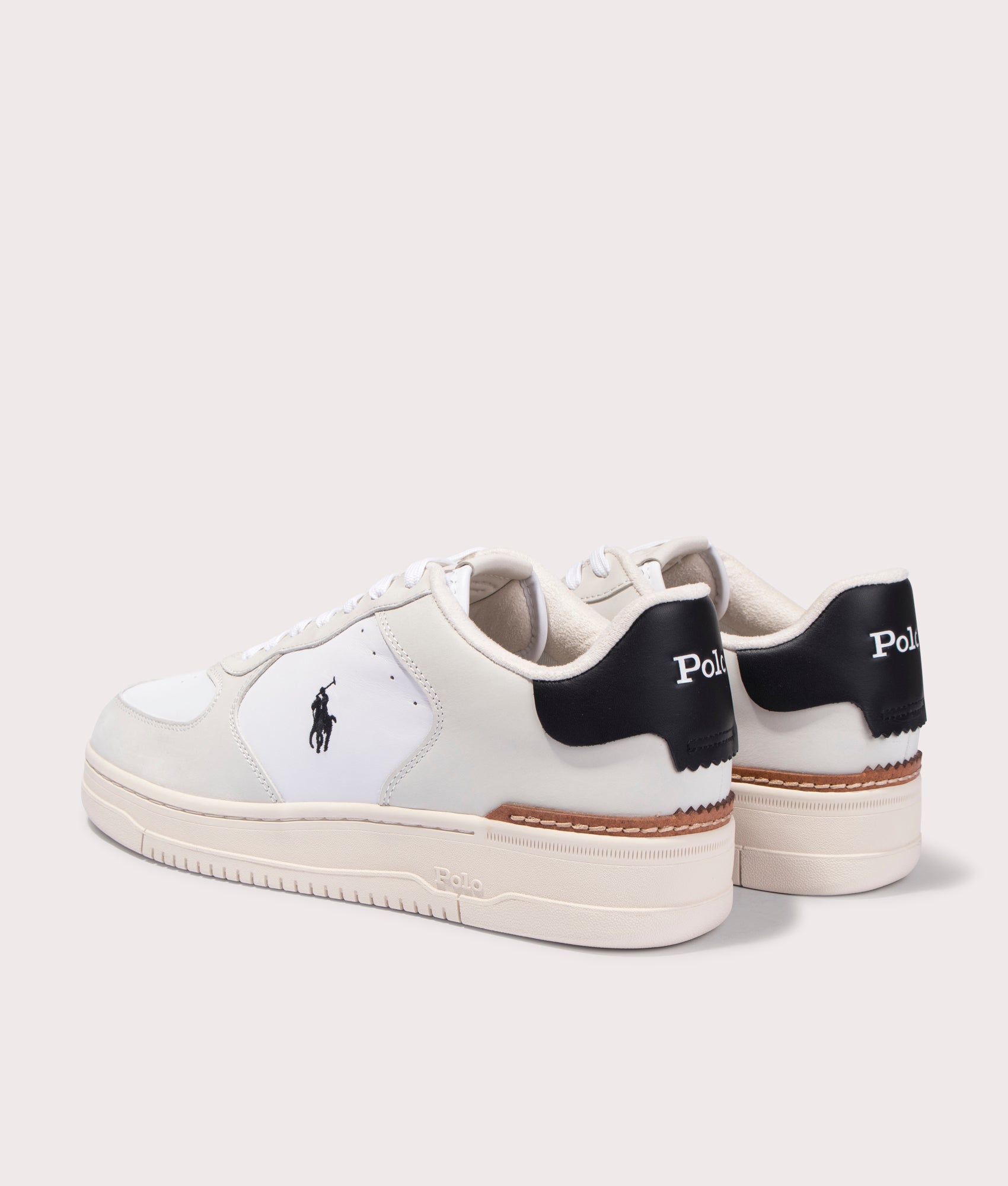 Polo Ralph Lauren Masters Court Nubuck & Leather Sneakers in White. Shot at EQVVS.  Back shot. 
