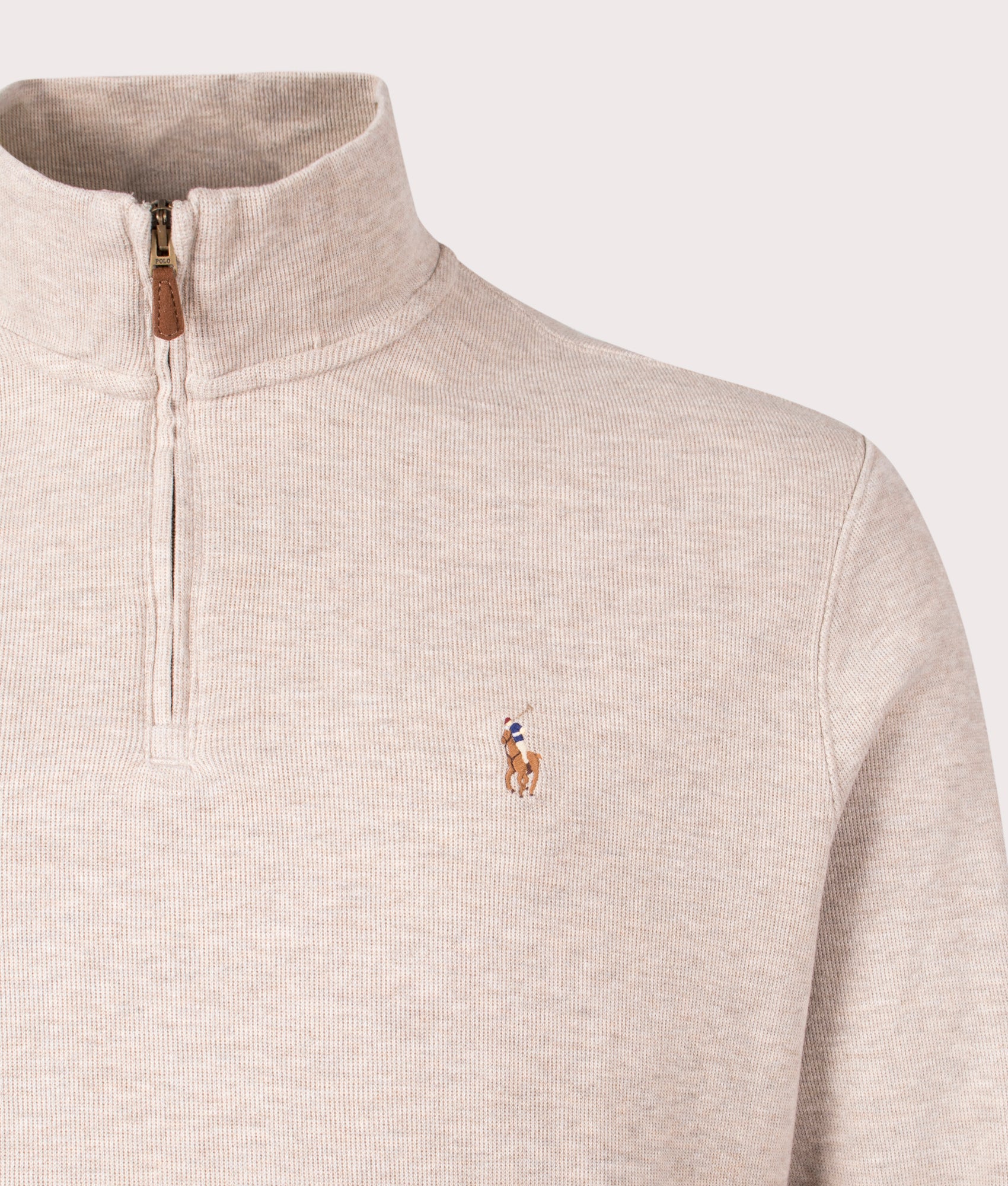 Polo Ralph Lauren Estate Rib Quarter Zip Pullover in Tuscan Beige Heather, 100% Cotton Detail Shot at EQVVS