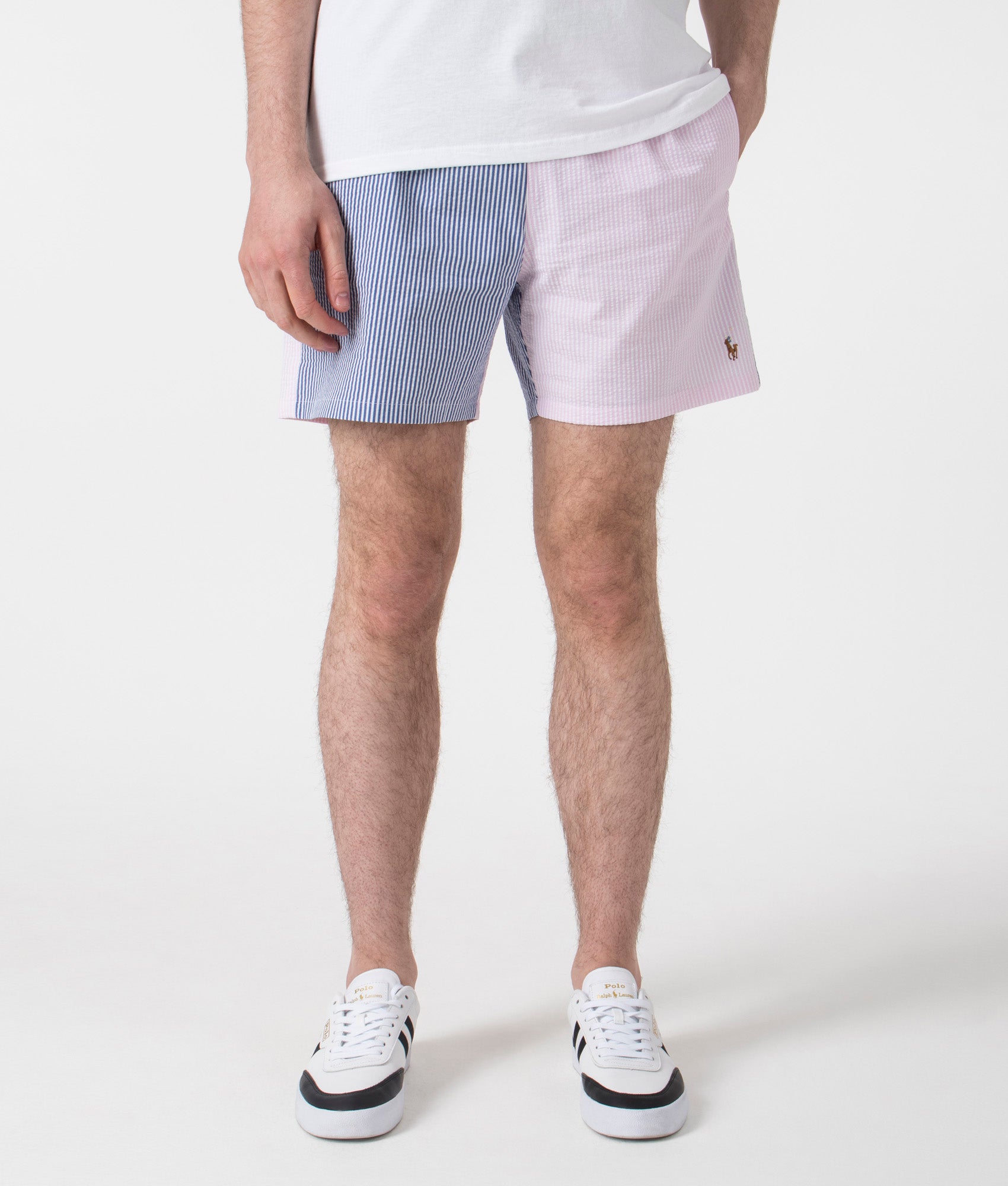 Polo Ralph Lauren 5.75-Inch Traveler Classic Swim Trunks in Seersucker and Preppy Funshort at EQVVS. Front Shot.