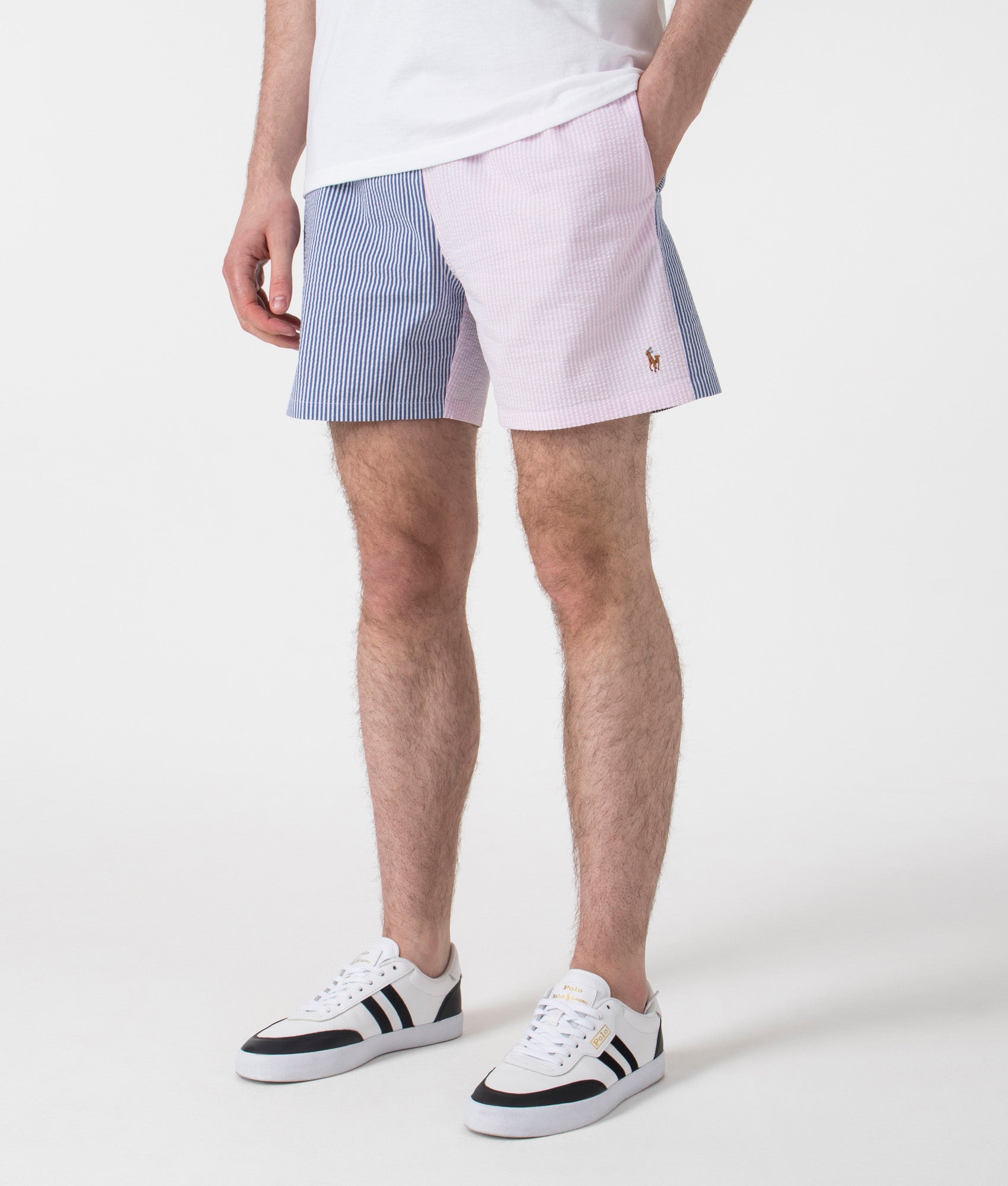 Polo Ralph Lauren 5.75-Inch Traveler Classic Swim Trunks in Seersucker and Preppy Funshort at EQVVS. Front Angle Shot.