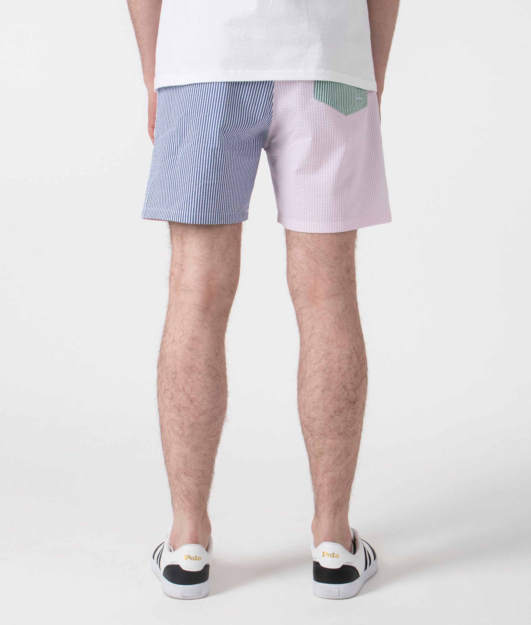Polo Ralph Lauren 5.75-Inch Traveler Classic Swim Trunks in Seersucker and Preppy Funshort at EQVVS. Back Shot.