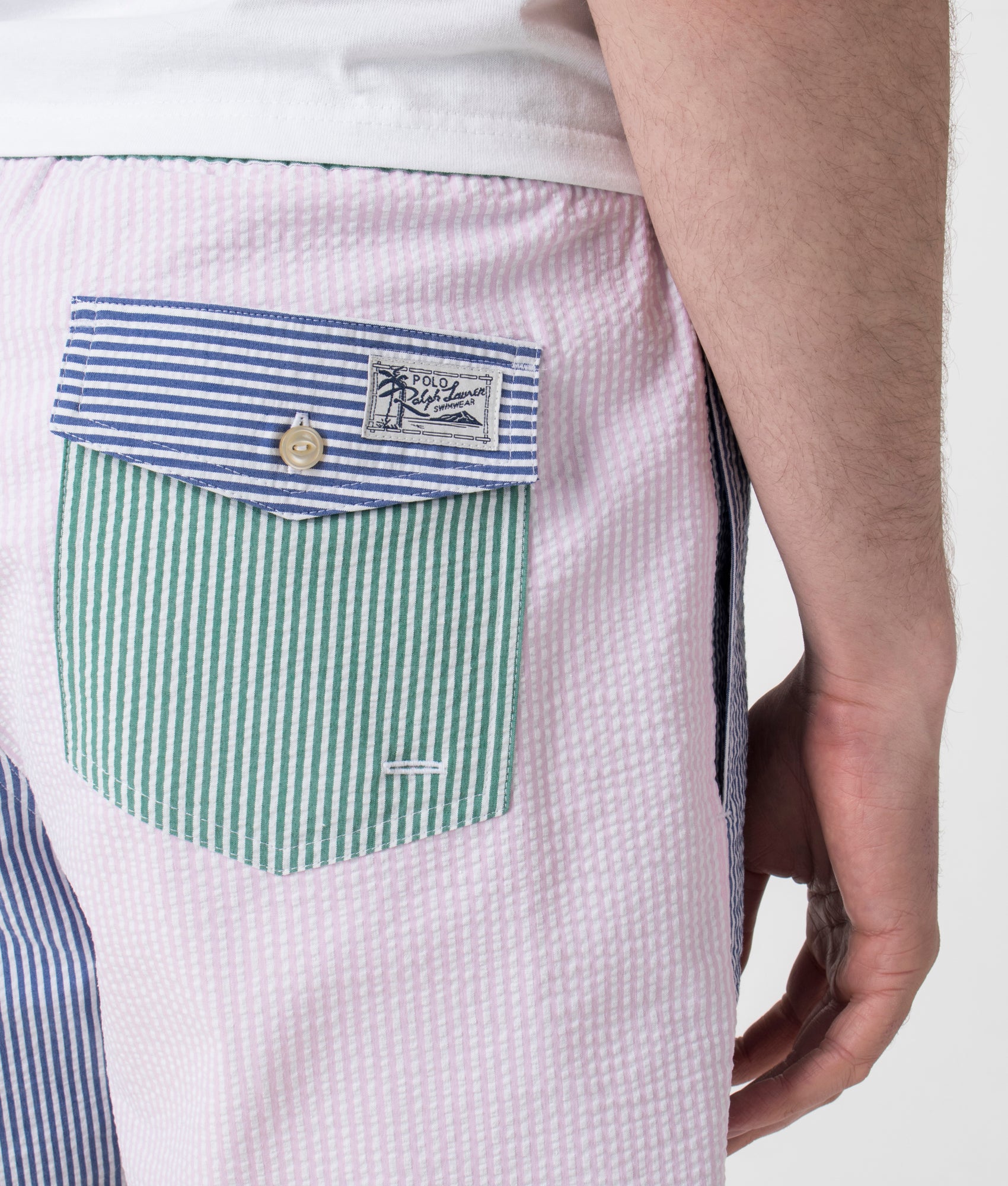 Polo Ralph Lauren 5.75-Inch Traveler Classic Swim Trunks in Seersucker and Preppy Funshort at EQVVS. Detail Shot.