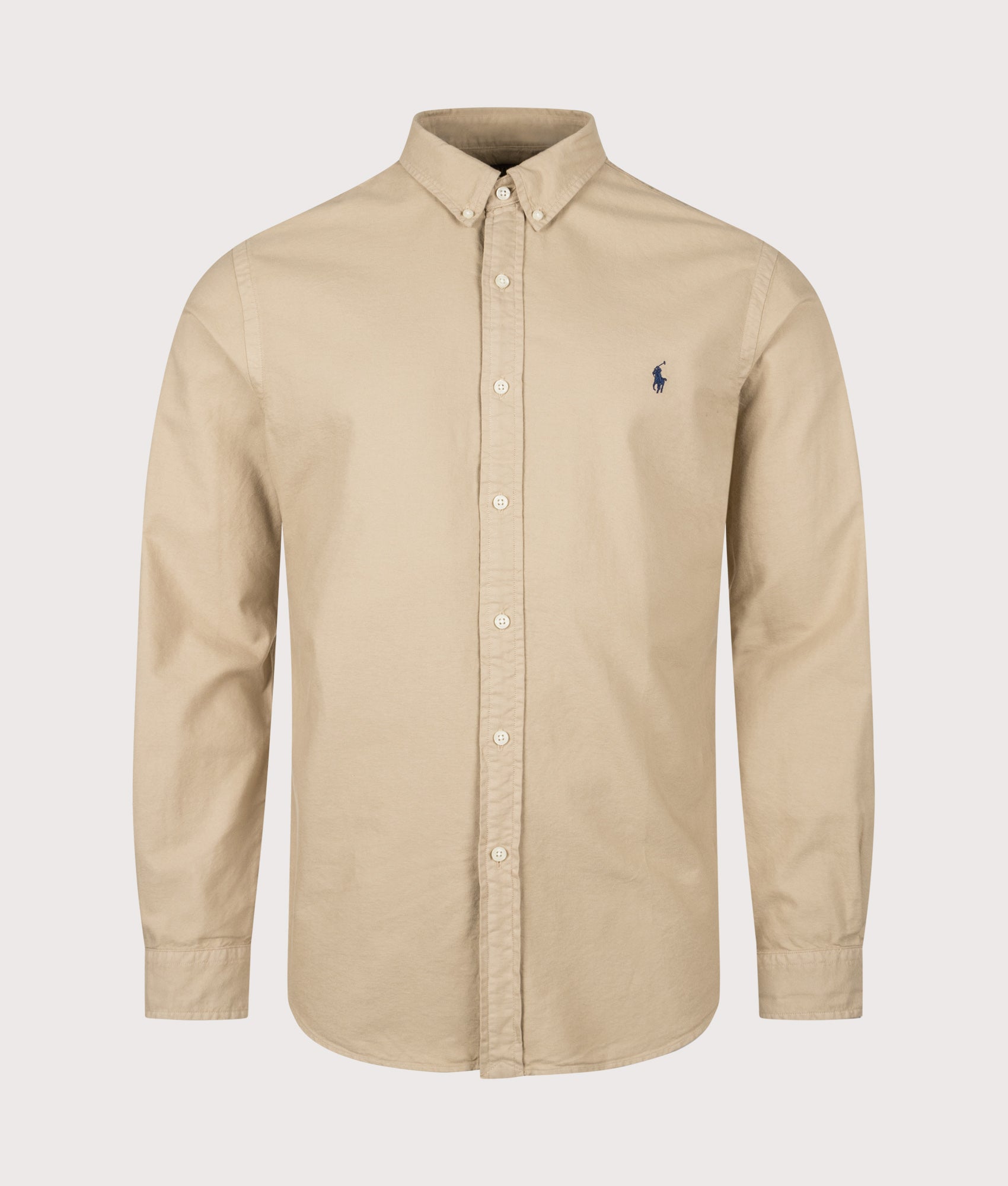 Polo Ralph Lauren Slim Fit Long Sleeve Garment-Dyed Oxford Shirt in Surrey Tan at EQVVS Menswear. Front shot.