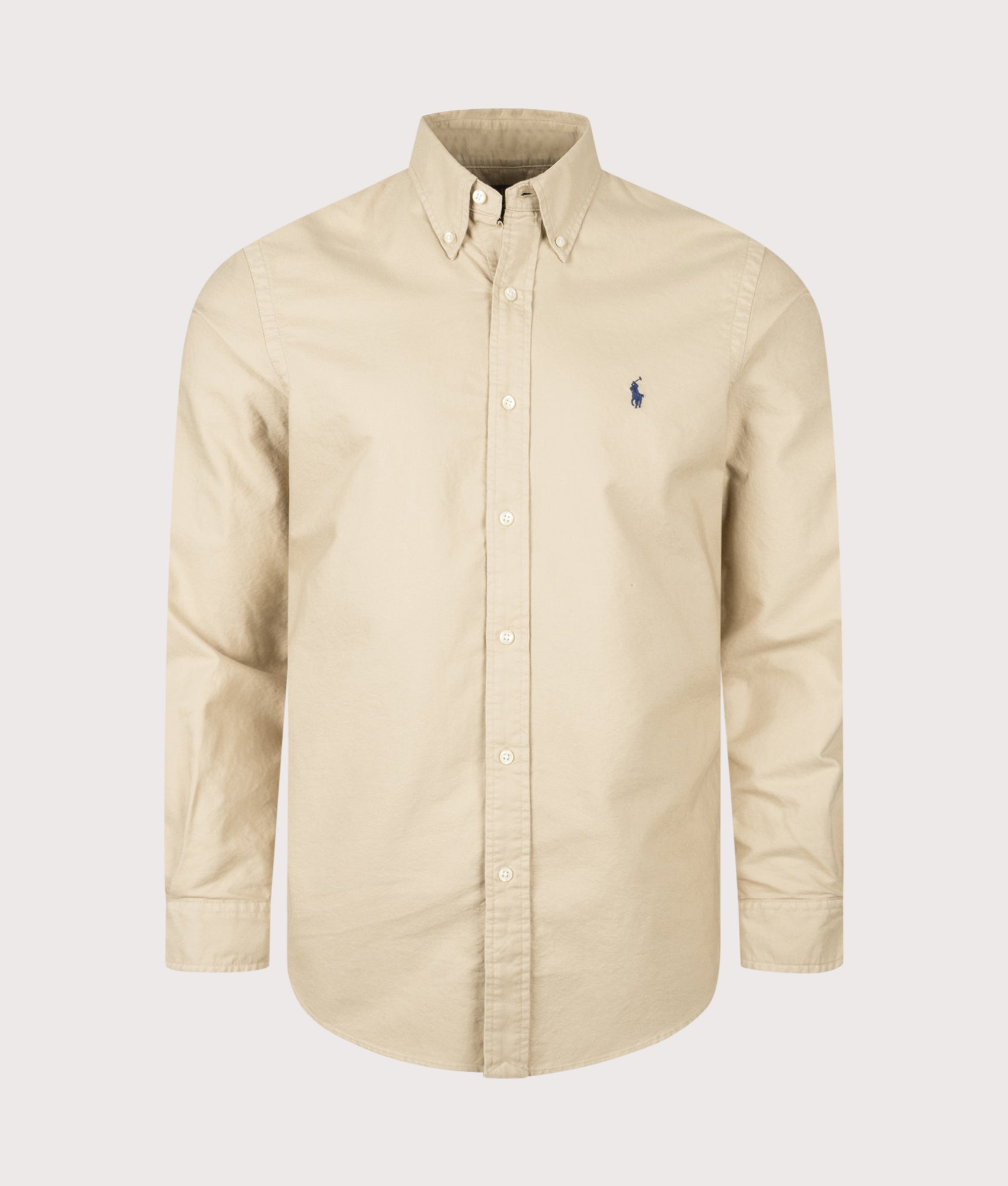 Polo Ralph Lauren Custom Fit Garment Dyed Oxford Shirt in Surrey Tan at EQVVS Menswear. Front shot.