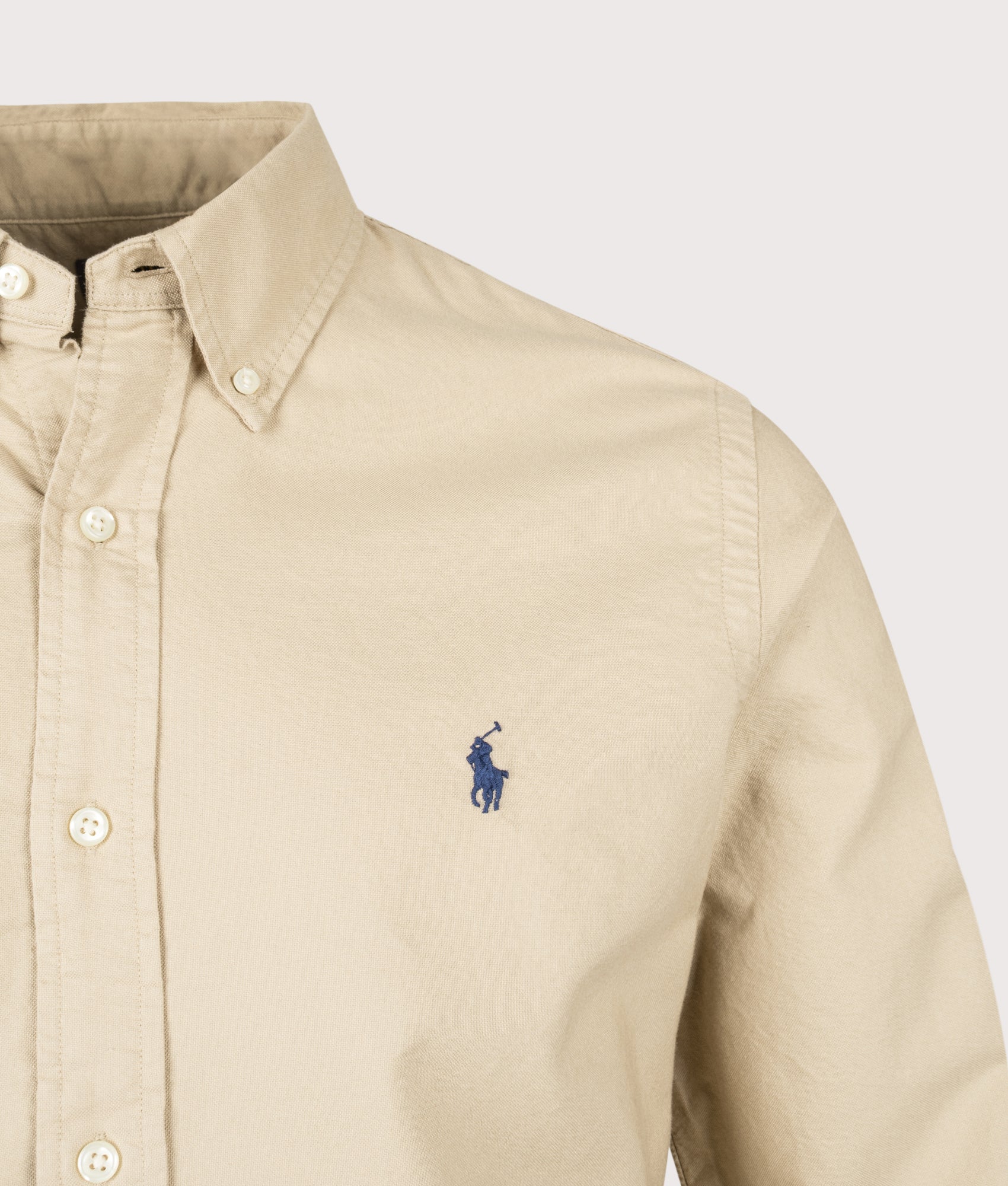 Custom Fit Garment Dyed Oxford Shirt in Surrey Tan | 100% Cotton | Polo Ralph Lauren | EQVVS | Front detail shot 