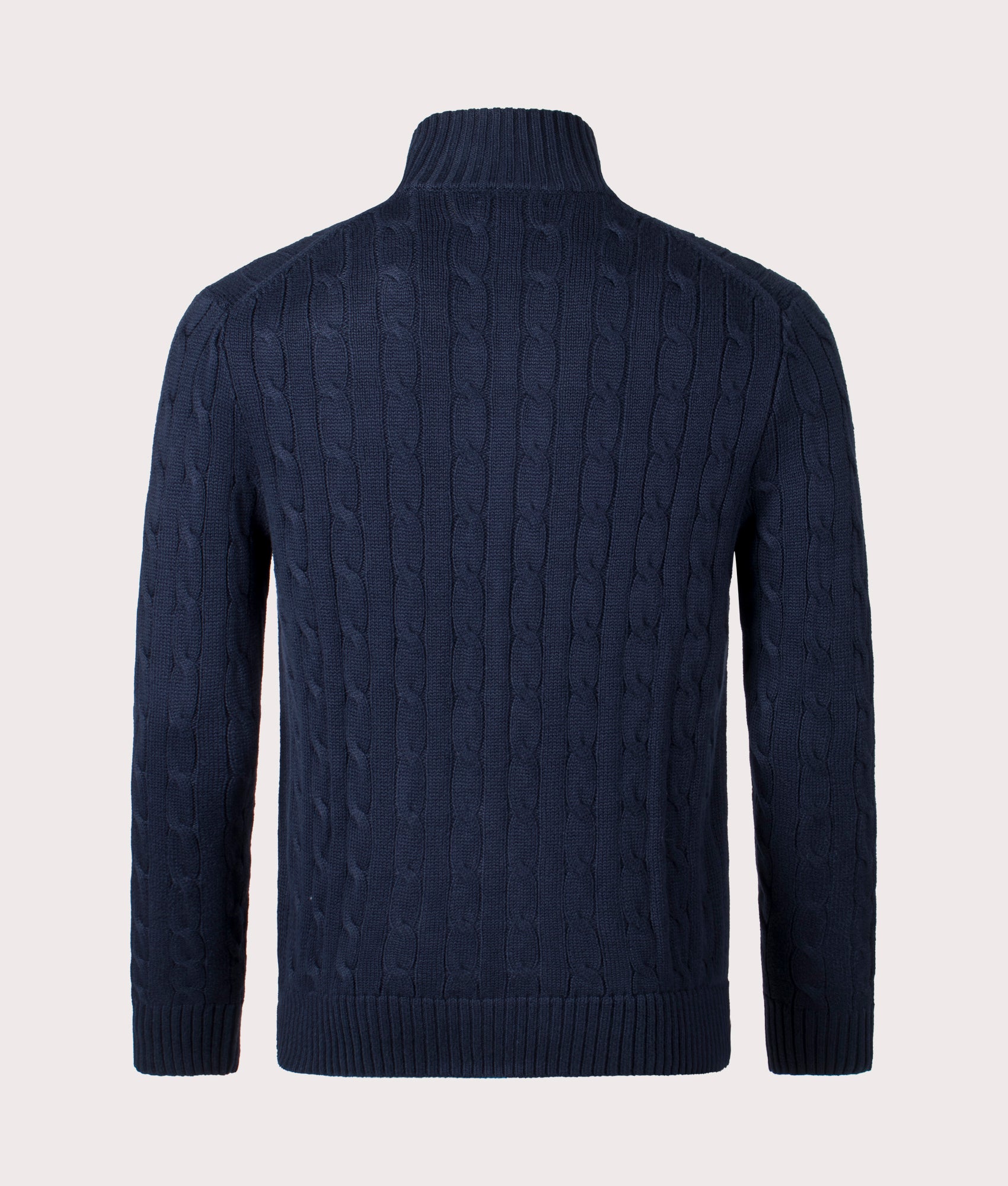 Polo Ralph Lauren Cable-Knit Cotton Zip Through Cardigan in Hunter Navy at EQVVS Menswear. Back shot.