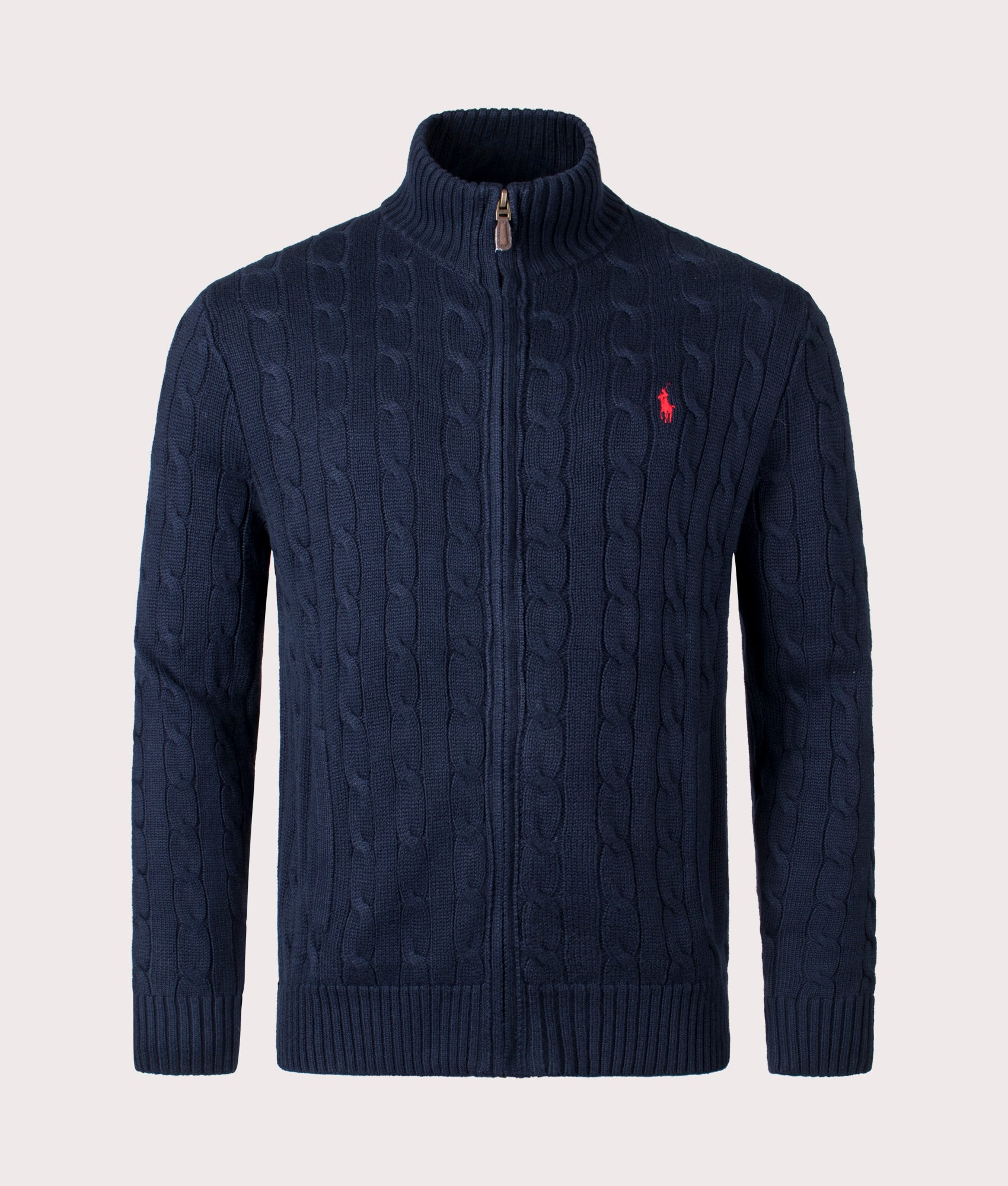 Polo Ralph Lauren Cable-Knit Cotton Zip Through Cardigan in Hunter Navy at EQVVS Menswear. Front shot.