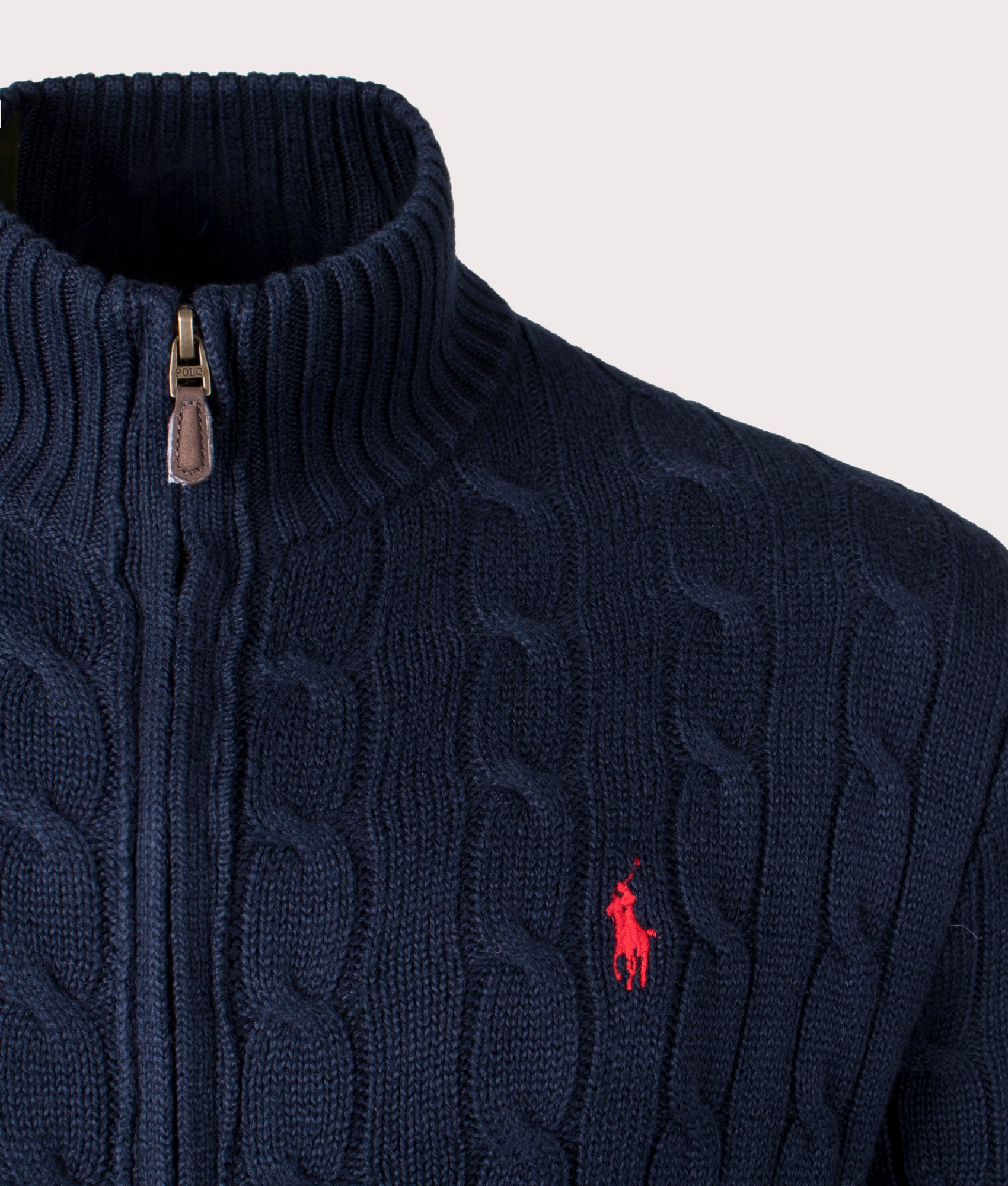 Polo Ralph Lauren Cable-Knit Cotton Zip Through Cardigan in Hunter Navy at EQVVS Menswear. Detail shot.