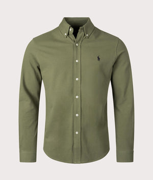 Polo Ralph Lauren Featherweight Mesh Shirt in Dark Sage Green, 100% Cotton front Shot at EQVVS