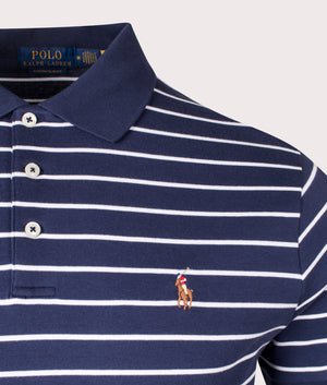 Custom Slim Fit Polo Shirt in Refined Navy White by Polo Ralph Lauren. EQVVS Detail Angle Shot.