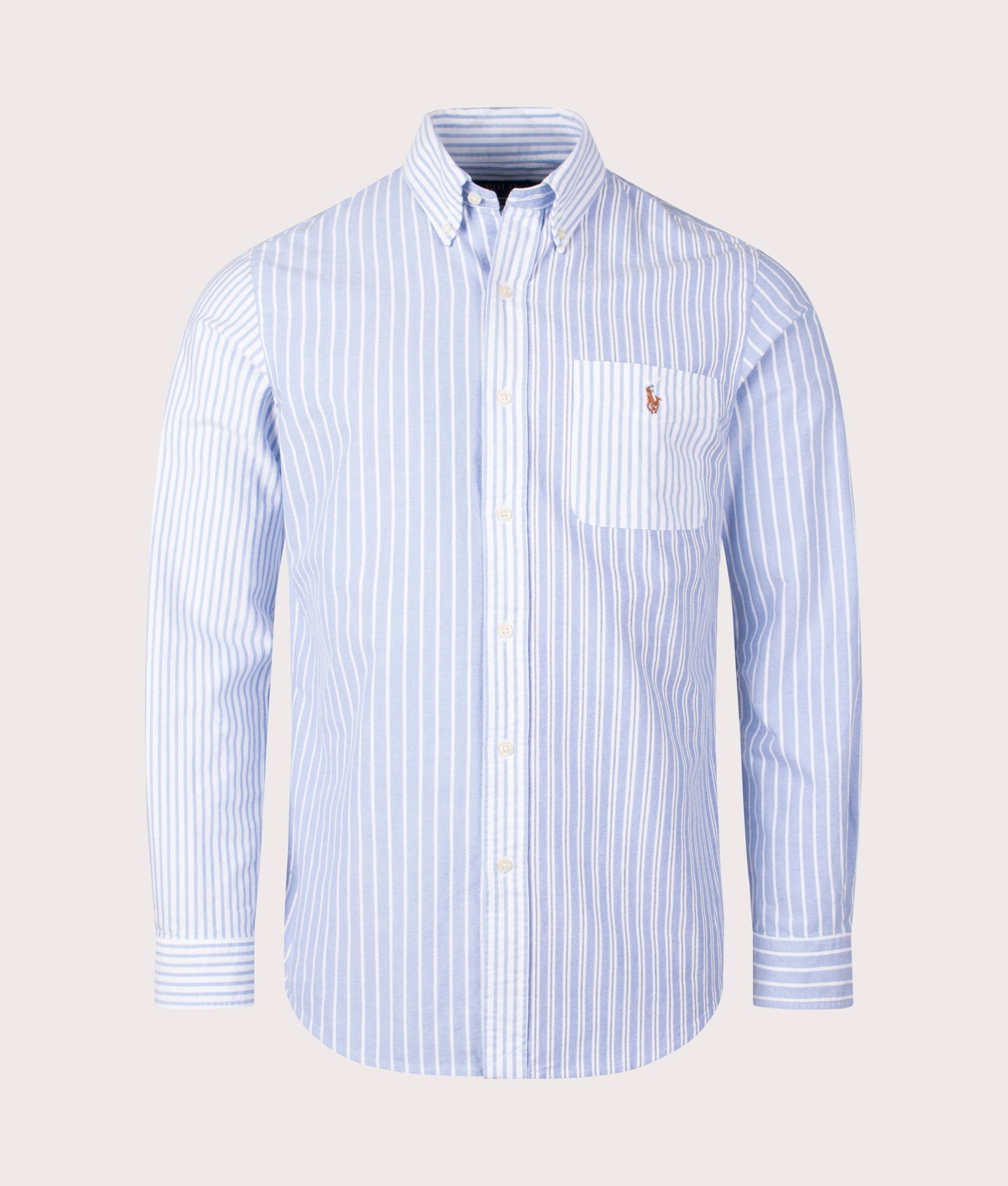 Custom Fit Striped Oxford in Blue Fun Shirt by Polo Ralph Lauren. EQVVS Front Angle Shot.