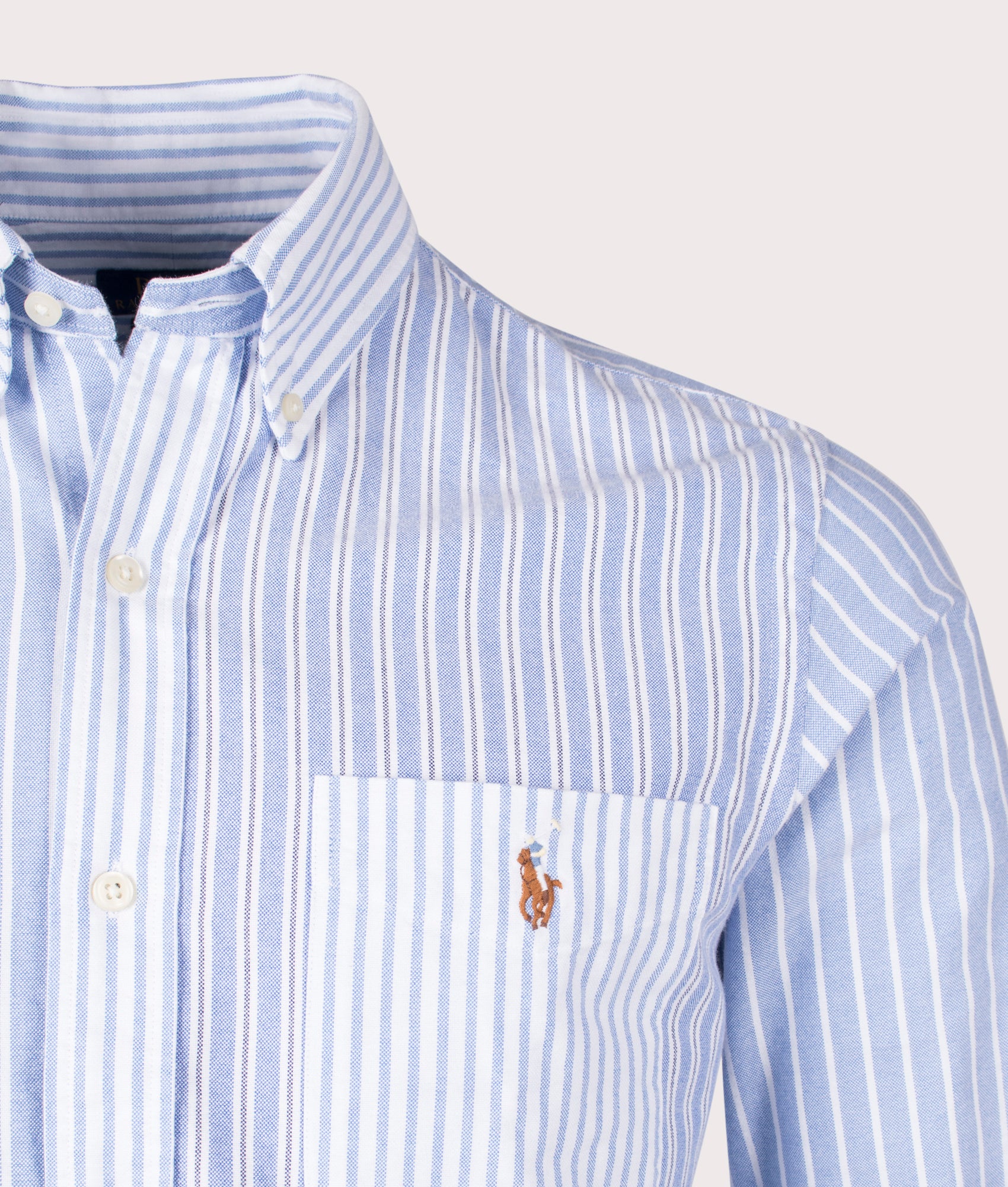Custom Fit Striped Oxford in Blue Fun Shirt by Polo Ralph Lauren. EQVVS Detail Shot.