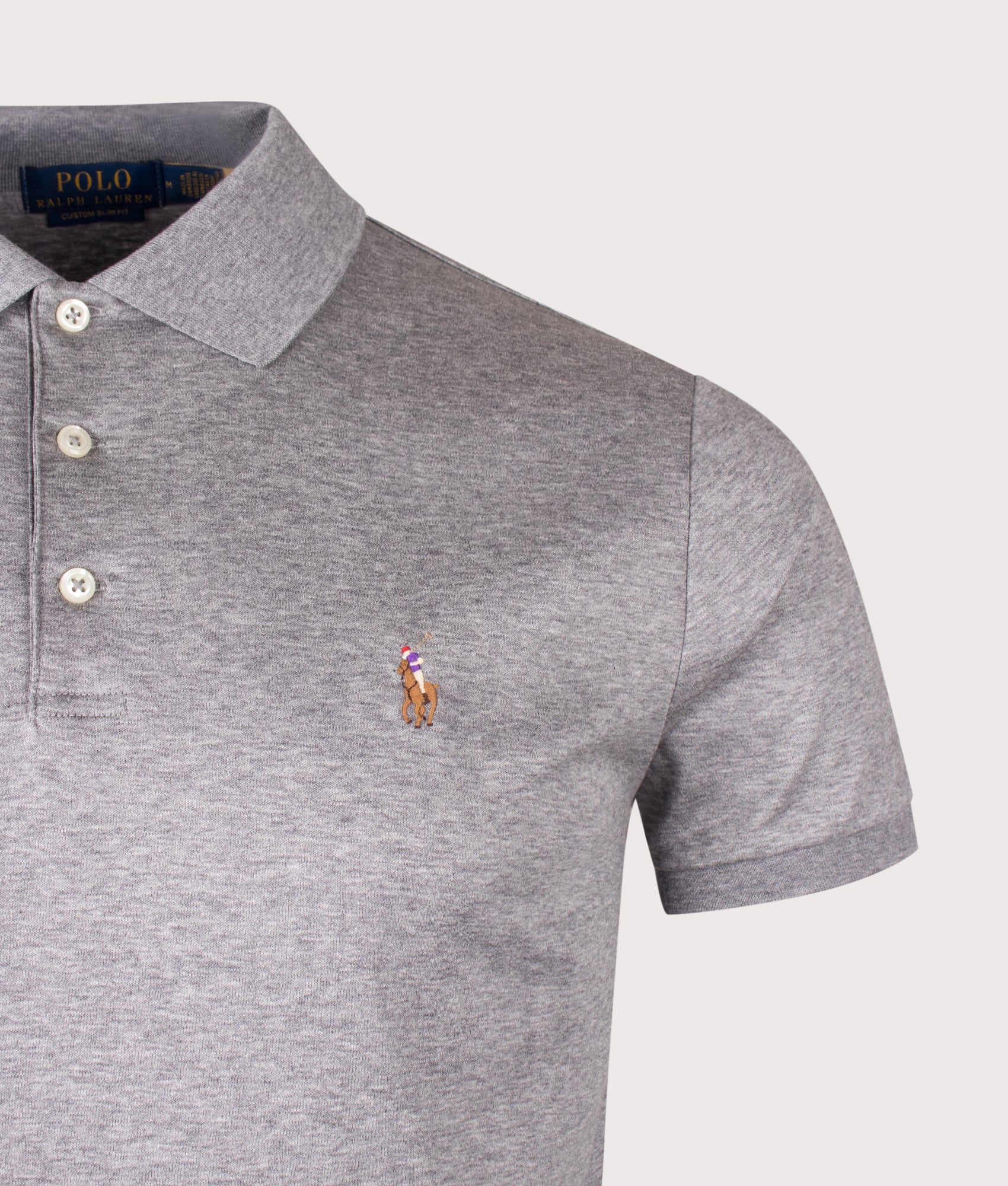 Polo Ralph Lauren Custom Slim Fit Interlock Polo Shirt in Steel Heather at EQVVS Menswear. Detail shot.
