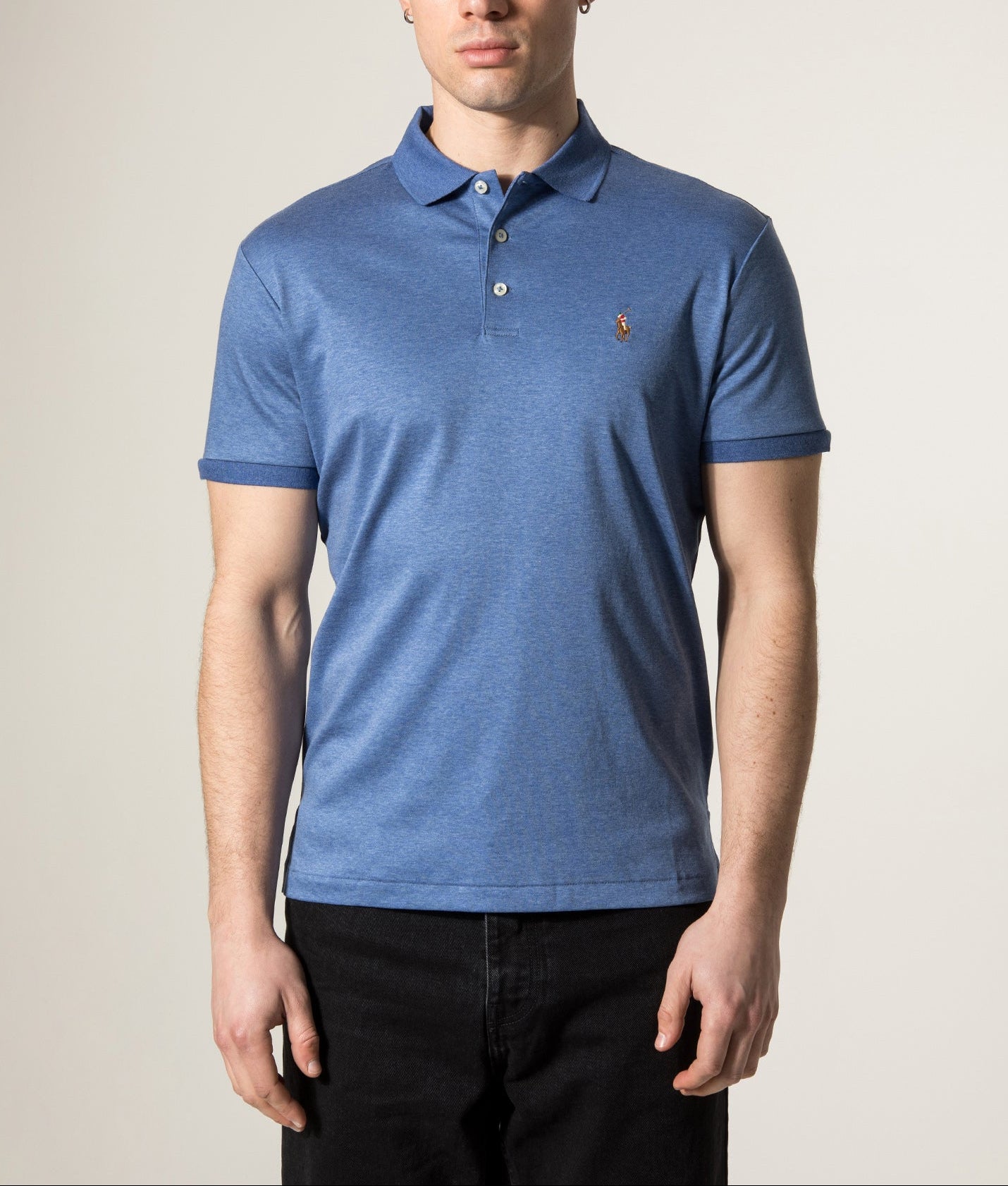 Custom-Slim-Fit-Interlock-Polo-Shirt-Faded-Royal-Heather-Polo-Ralph-Lauren-EQVVS. Shot-by-EQVVS. Model-Shot.