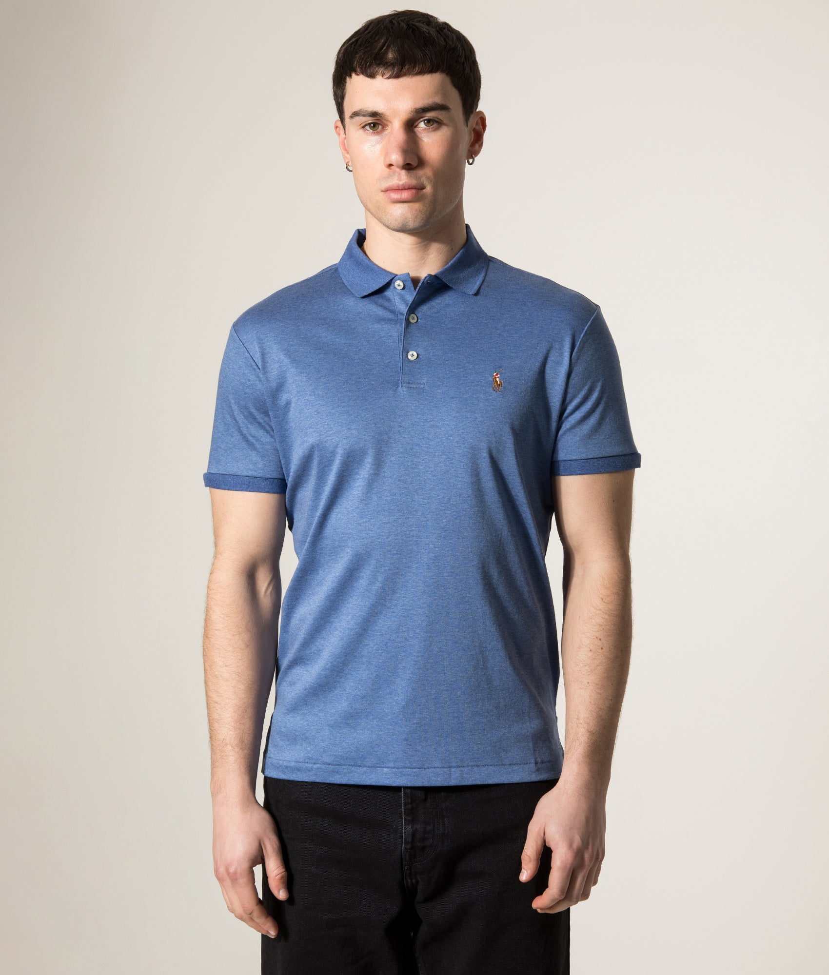 Custom-Slim-Fit-Interlock-Polo-Shirt-Faded-Royal-Heather-Polo-Ralph-Lauren-EQVVS. Shot-by-EQVVS. Model-Shot.