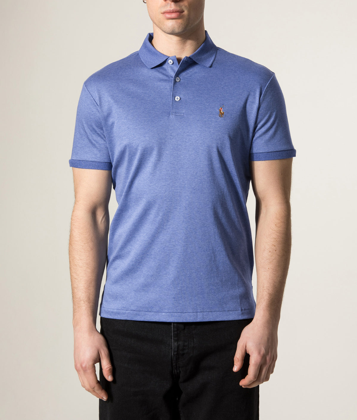 Polo Ralph Lauren Custom Slim Fit Interlock Polo Shirt in Faded Royal Heather at EQVVS Menswear. Model front shot.