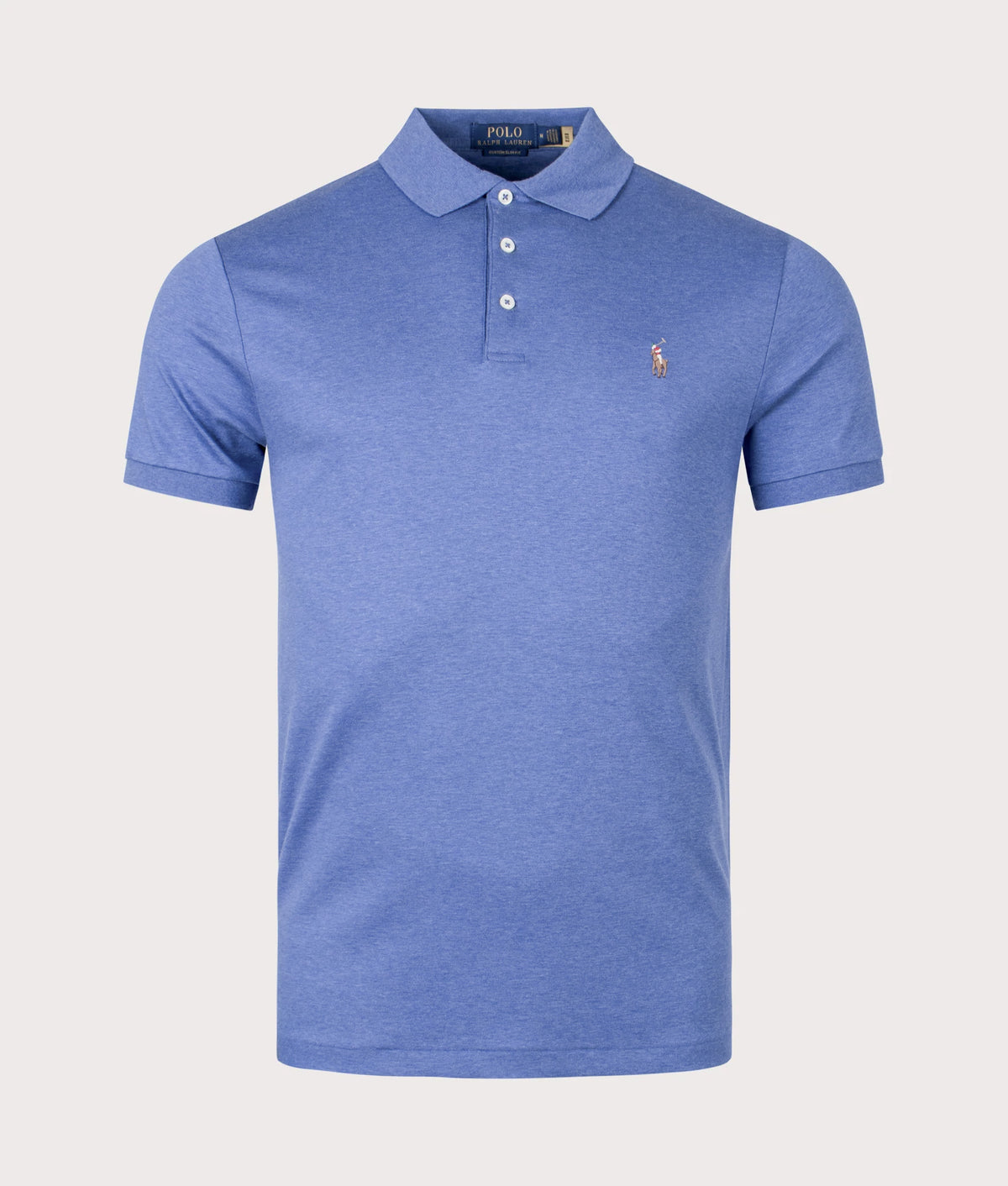 Polo Ralph Lauren Custom Slim Fit Interlock Polo Shirt in Faded Royal Heather at EQVVS Menswear. Front shot.
