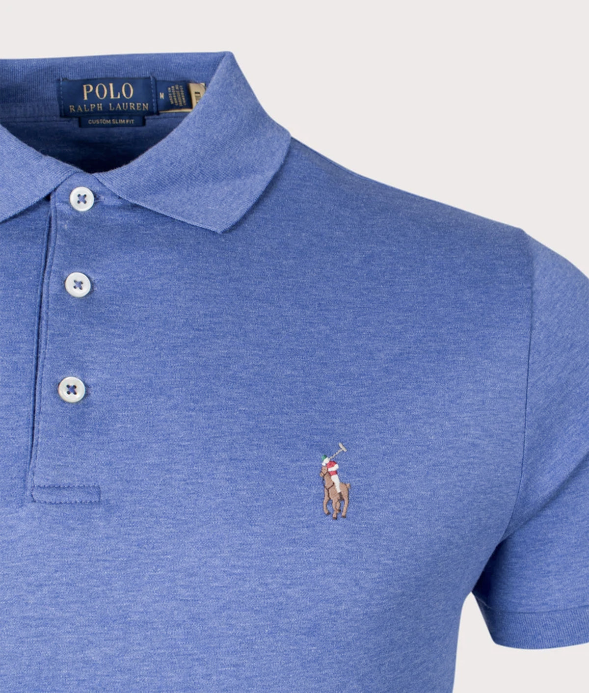 Polo Ralph Lauren Custom Slim Fit Interlock Polo Shirt in Faded Royal Heather at EQVVS Menswear. Detail shot.