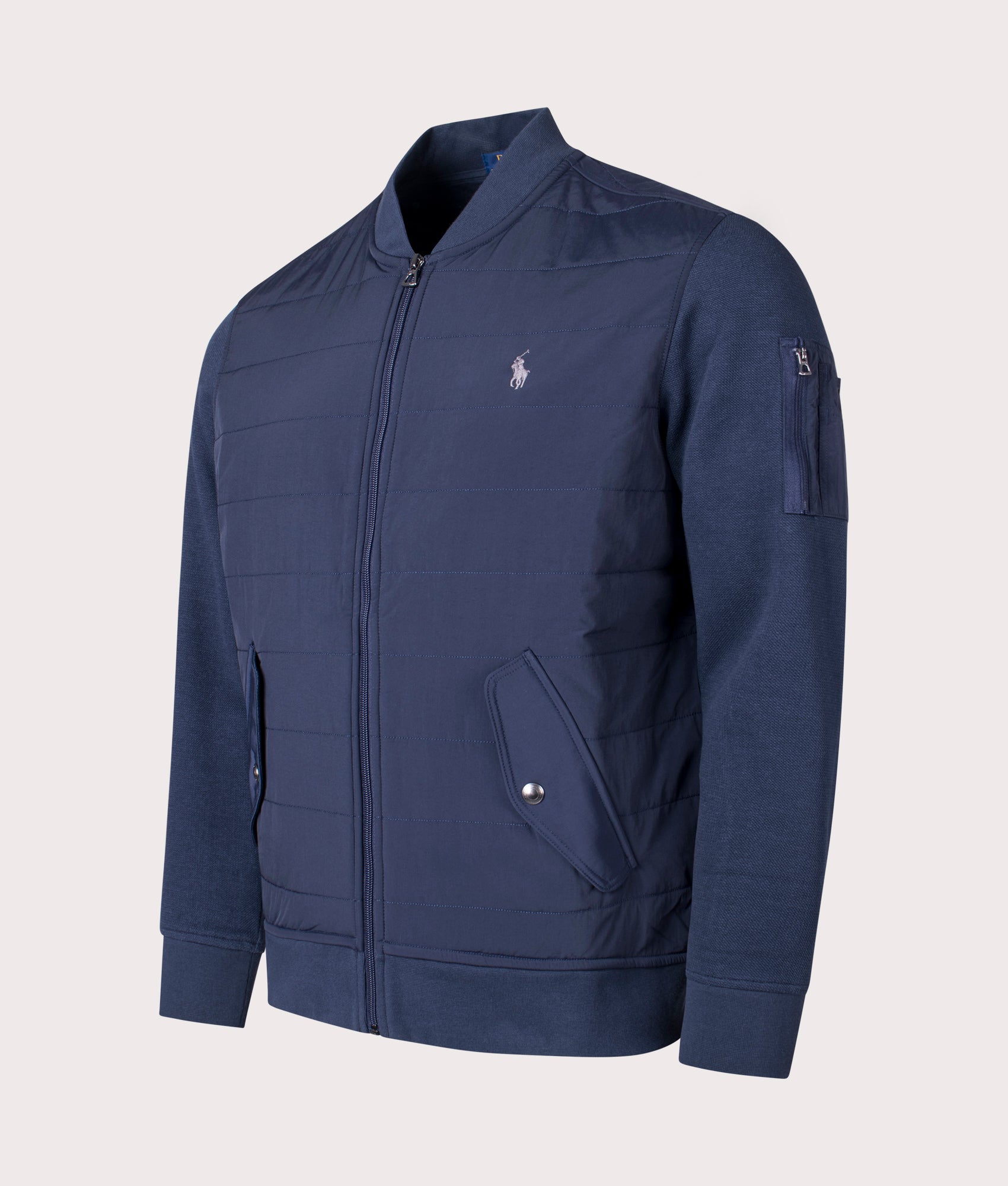 Polo Ralph Lauren Hybrid Bomber Jacket in Aviator Navy Angle Shot EQVVS