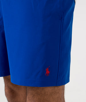 Regular Fit Traveler Mid Swim Shorts in Rugby Royal. Detail shot at EQVVS.