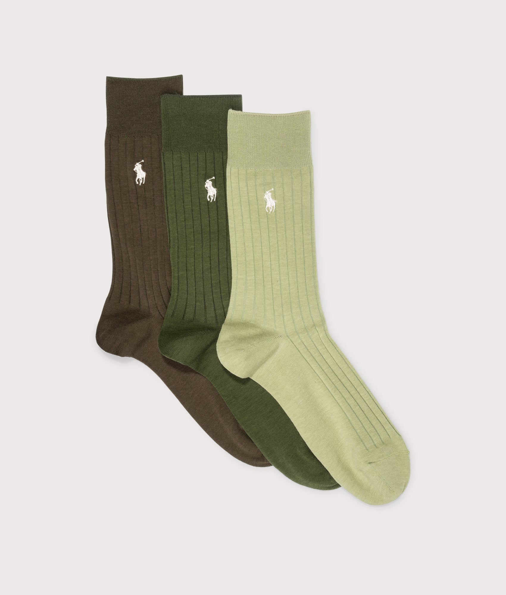 Polo Ralph Lauren 3 Pack Ribbed Cotton-blend Socks in assorted olive at EQVVS Menswear. Front shot.