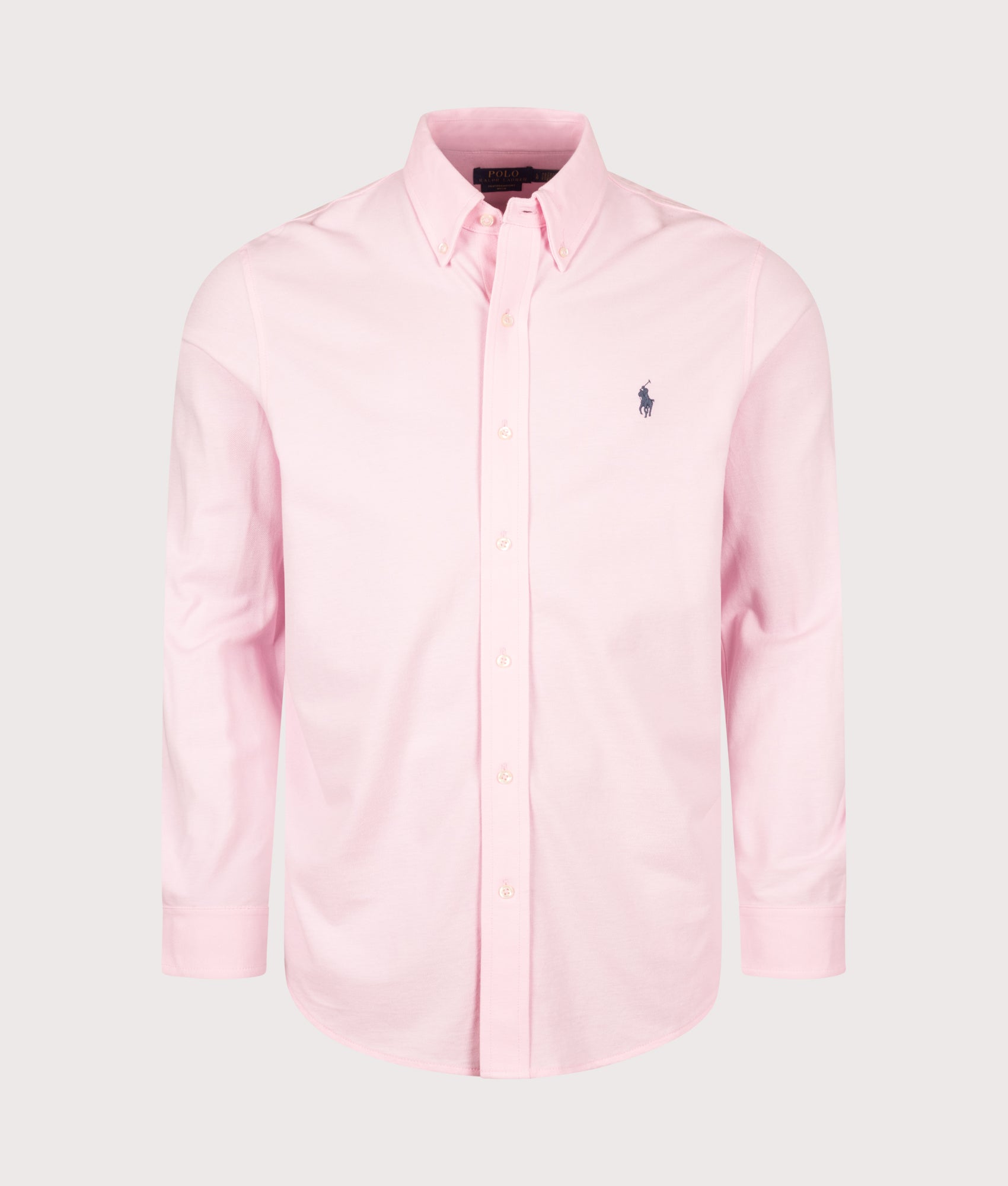 Polo Ralph Lauren Relaxed Fit Featherweight Mesh Shirt in Carmel Pink at EQVVS Menswear. Front shot.
