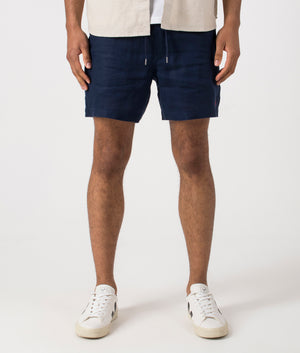 Classic Fit Prepster Linen Shorts in Newport Navy. Front angle shot at EQVVS.