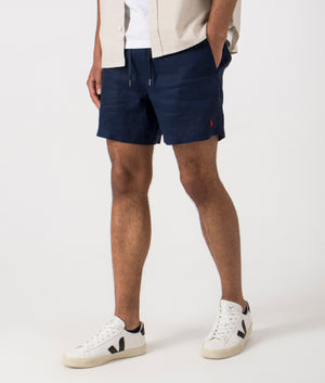 Classic Fit Prepster Linen Shorts in Newport Navy. Side angle shot at EQVVS.
