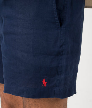 Classic Fit Prepster Linen Shorts in Newport Navy. Detail shot at EQVVS.