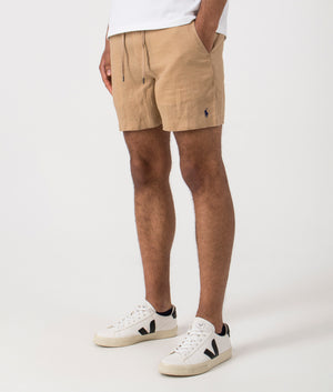 Classic Fit Prepster Linen Shorts in Vintage Khaki. Side angle shot at EQVVS.