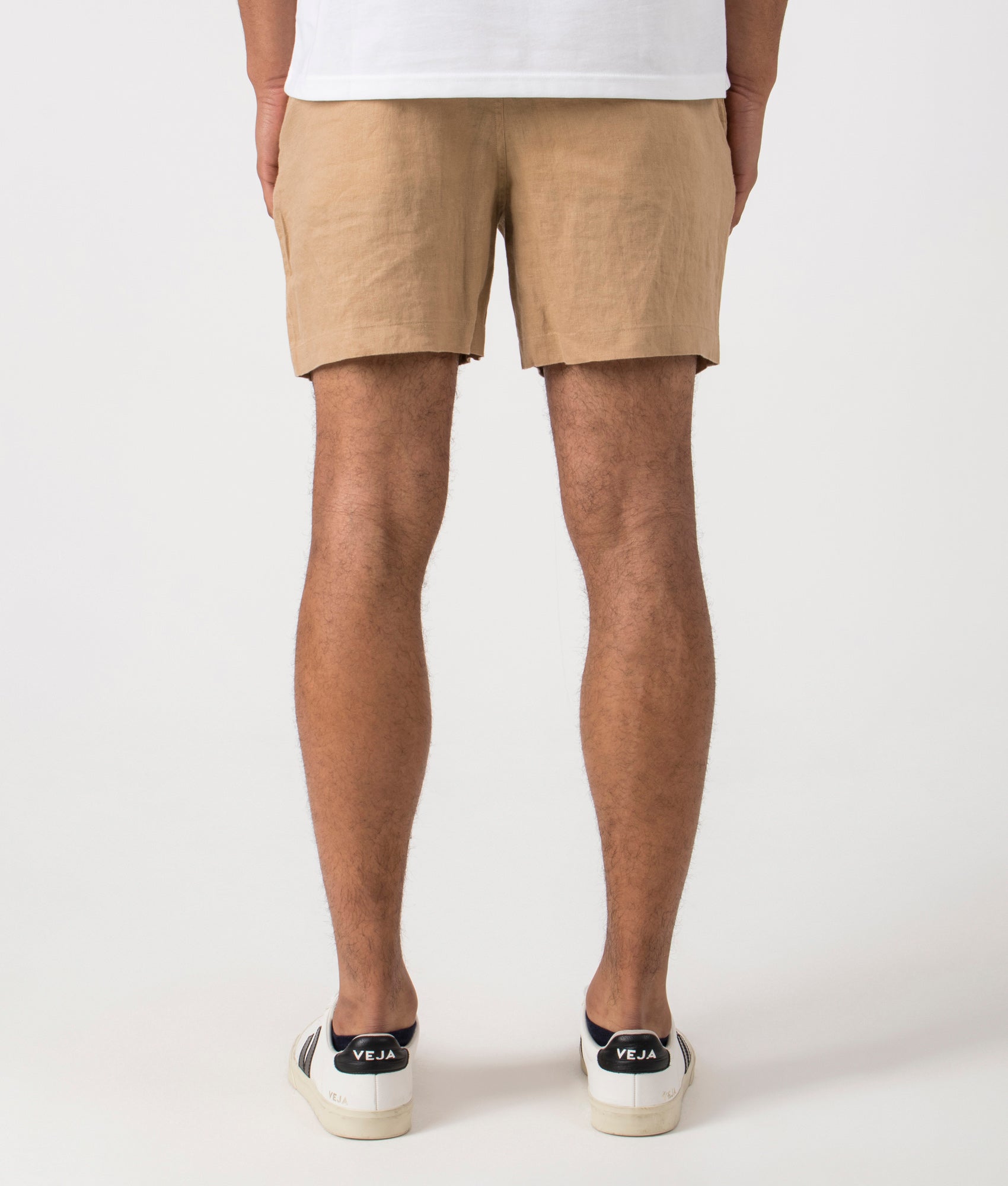 Classic Fit Prepster Linen Shorts in Vintage Khaki. Back angle shot at EQVVS.