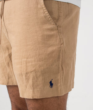 Classic Fit Prepster Linen Shorts in Vintage Khaki. Detail shot at EQVVS.