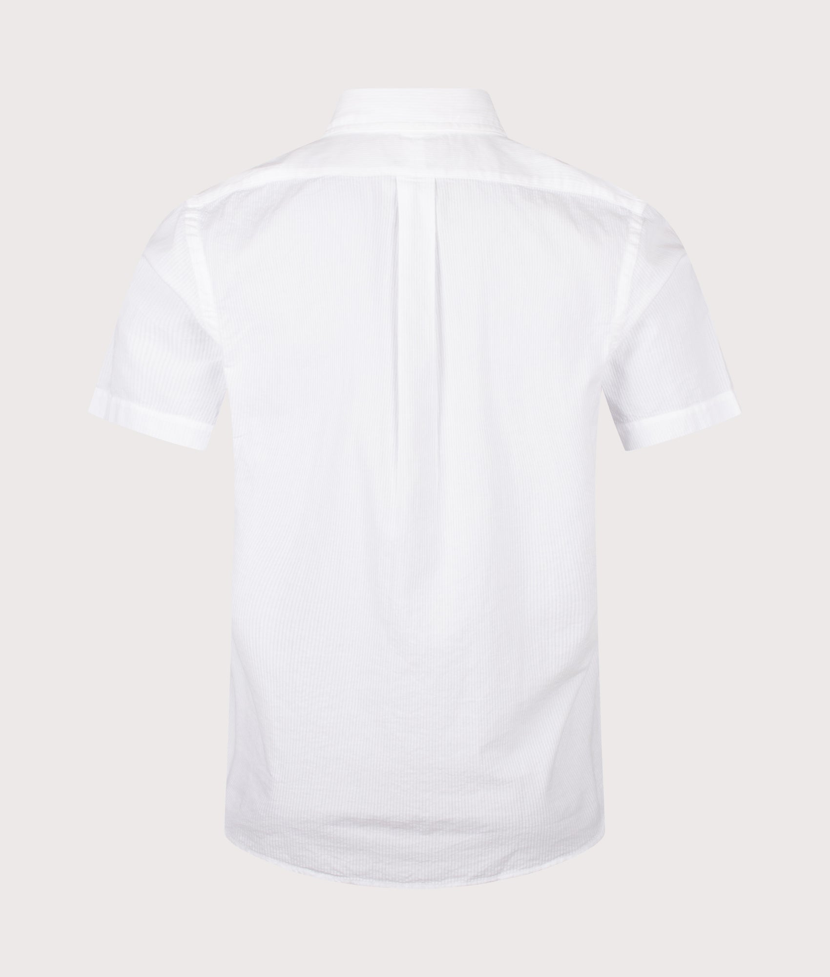 Polo Ralph Lauren Custom Fit Short Sleeve Seersucker Shirt in White at EQVVS Menswear. Back shot.