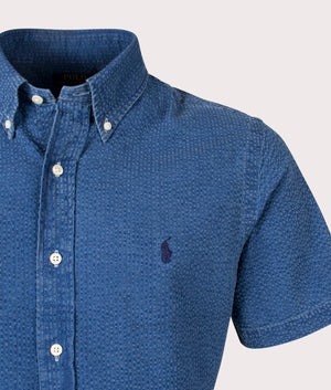 Custom Fit Short Sleeve Lightweight Shirt in Dark Indigo by Polo Ralph Lauren. EQVVS Detail Shot.