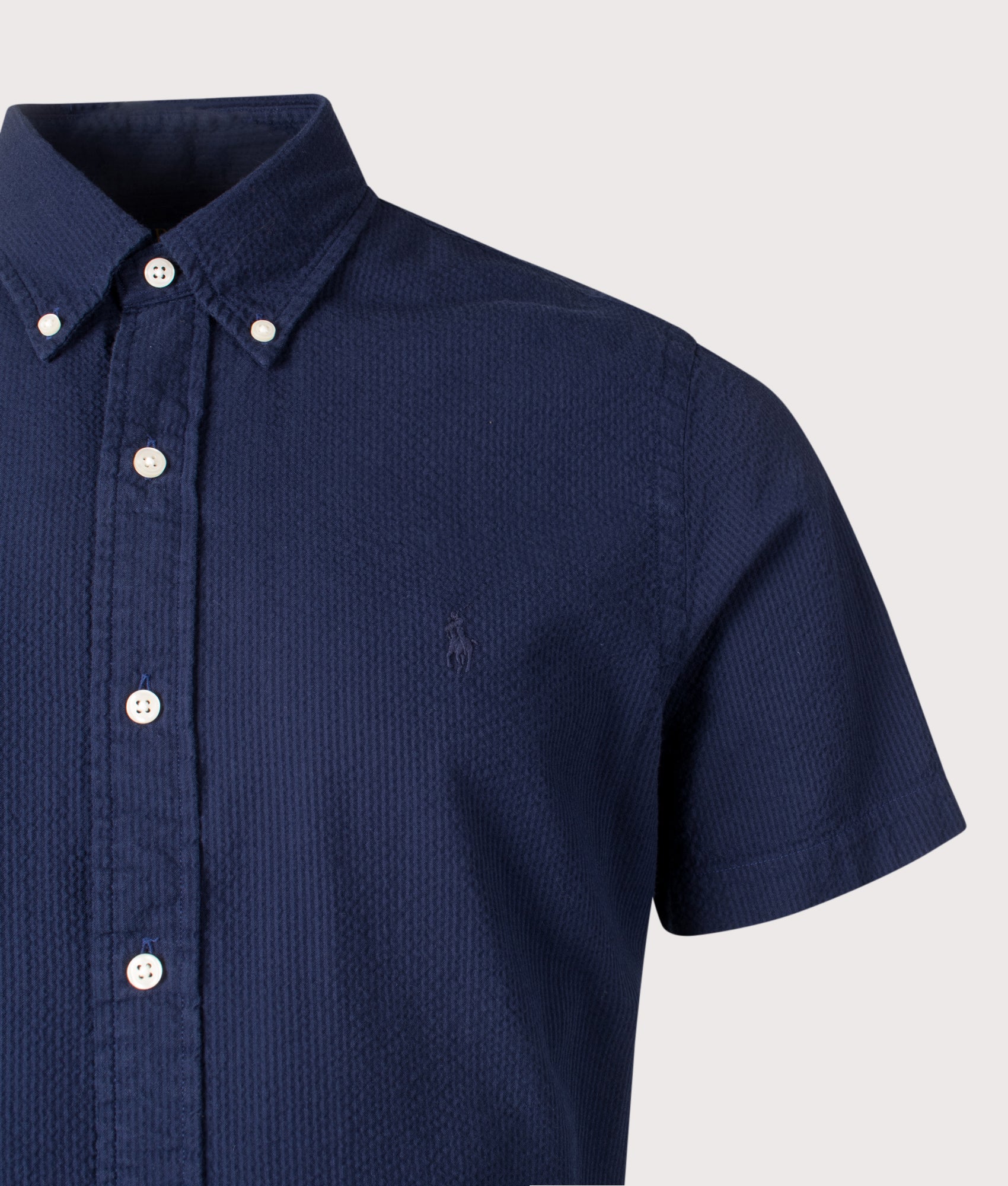 Polo Ralph Lauren Custom Fit Short Sleeve Seersucker Shirt in Astoria Navy. Shot at EQVVS. Detail shot 