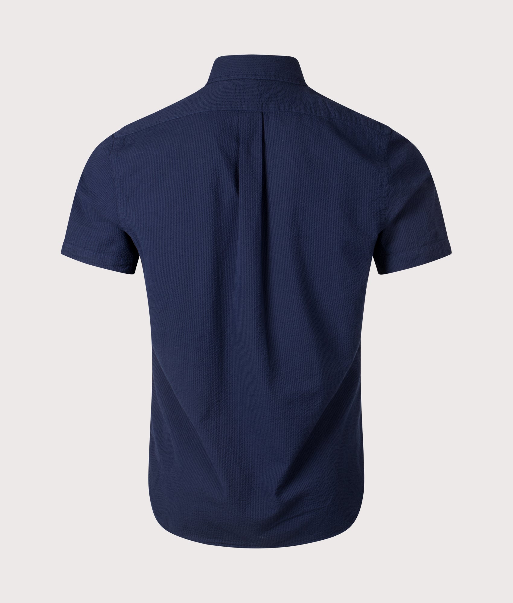 Polo Ralph Lauren Custom Fit Short Sleeve Seersucker Shirt in Astoria Navy. Shot at EQVVS. Back shot 
