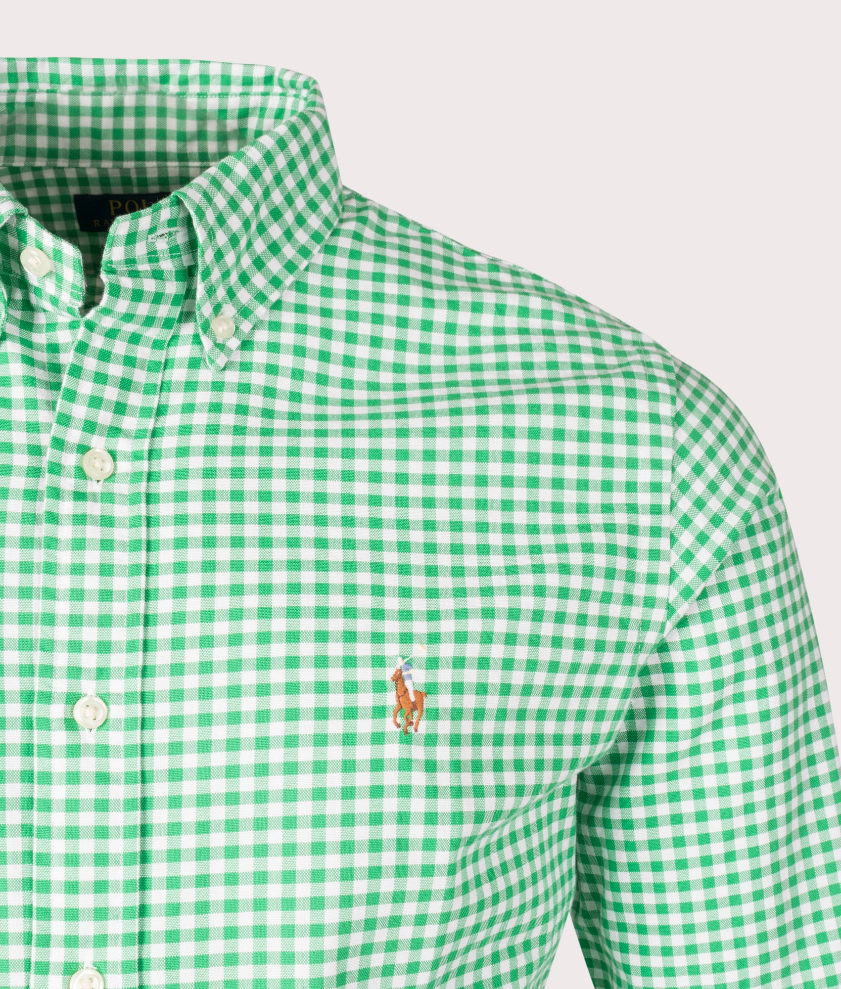 Custom Fit Gingham Oxford Shirt in Summer Emerald and White at EQVVS. Detail Shot.