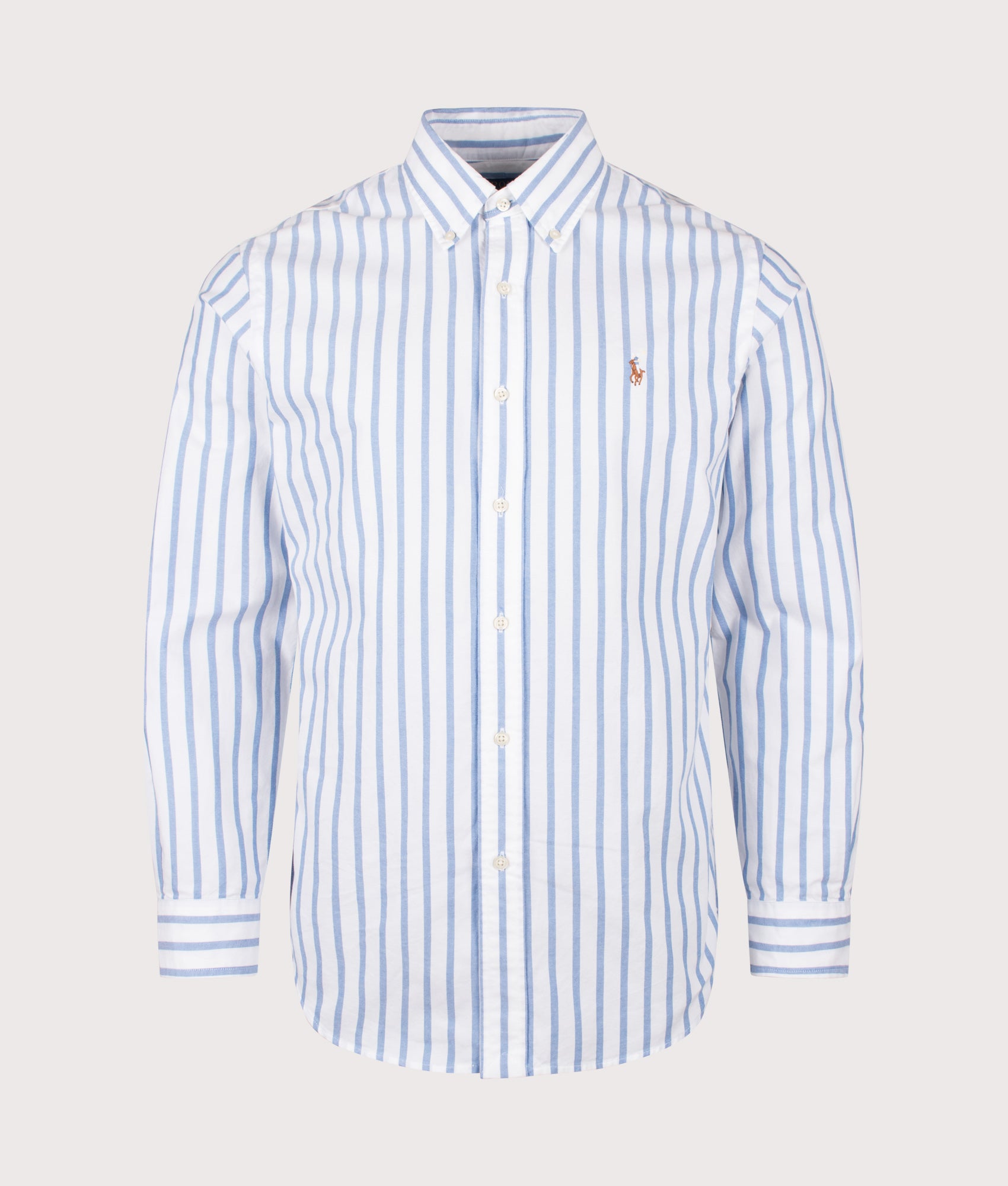 Polo Ralph Lauren Custom Fit Striped Oxford Shirt in Blue and White at EQVVS Menswear. Front shot.