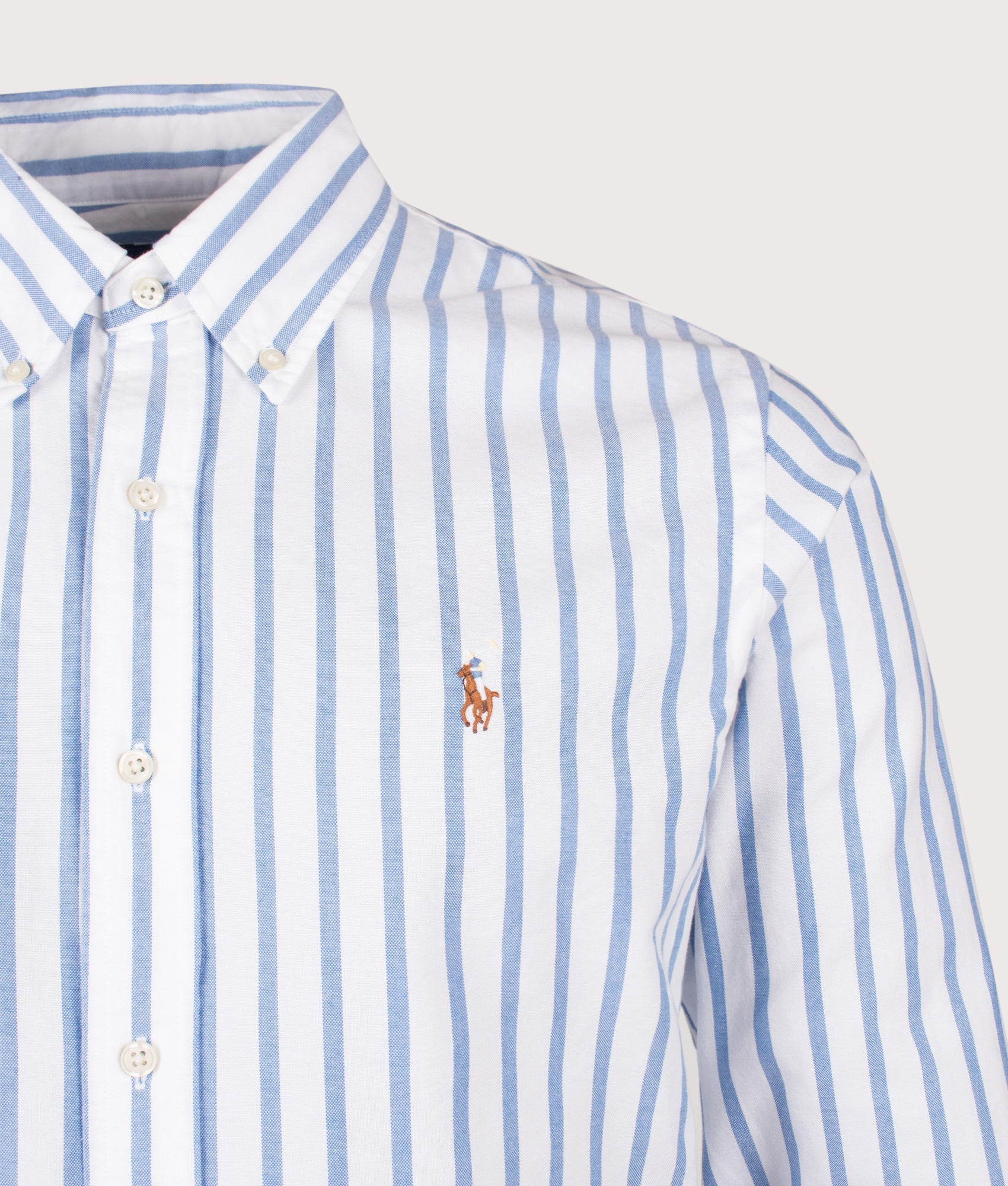 Polo Ralph Lauren Custom Fit Striped Oxford Shirt in Blue and White at EQVVS Menswear. Detail shot.