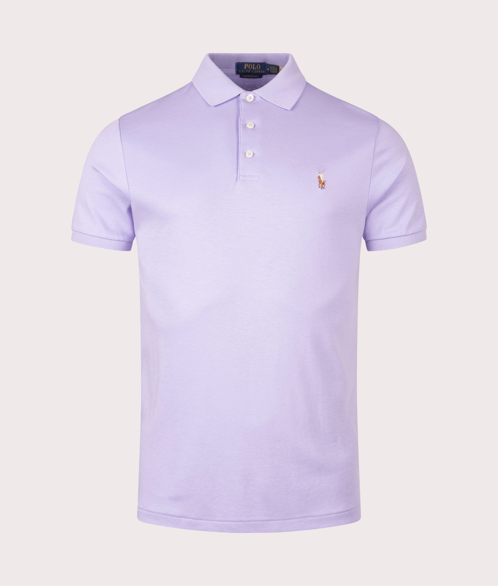 Custom Slim Fit Soft Cotton Polo Shirt by Polo Ralph Lauren in Sky Lavender. Shot by EQVVS. Front shot.