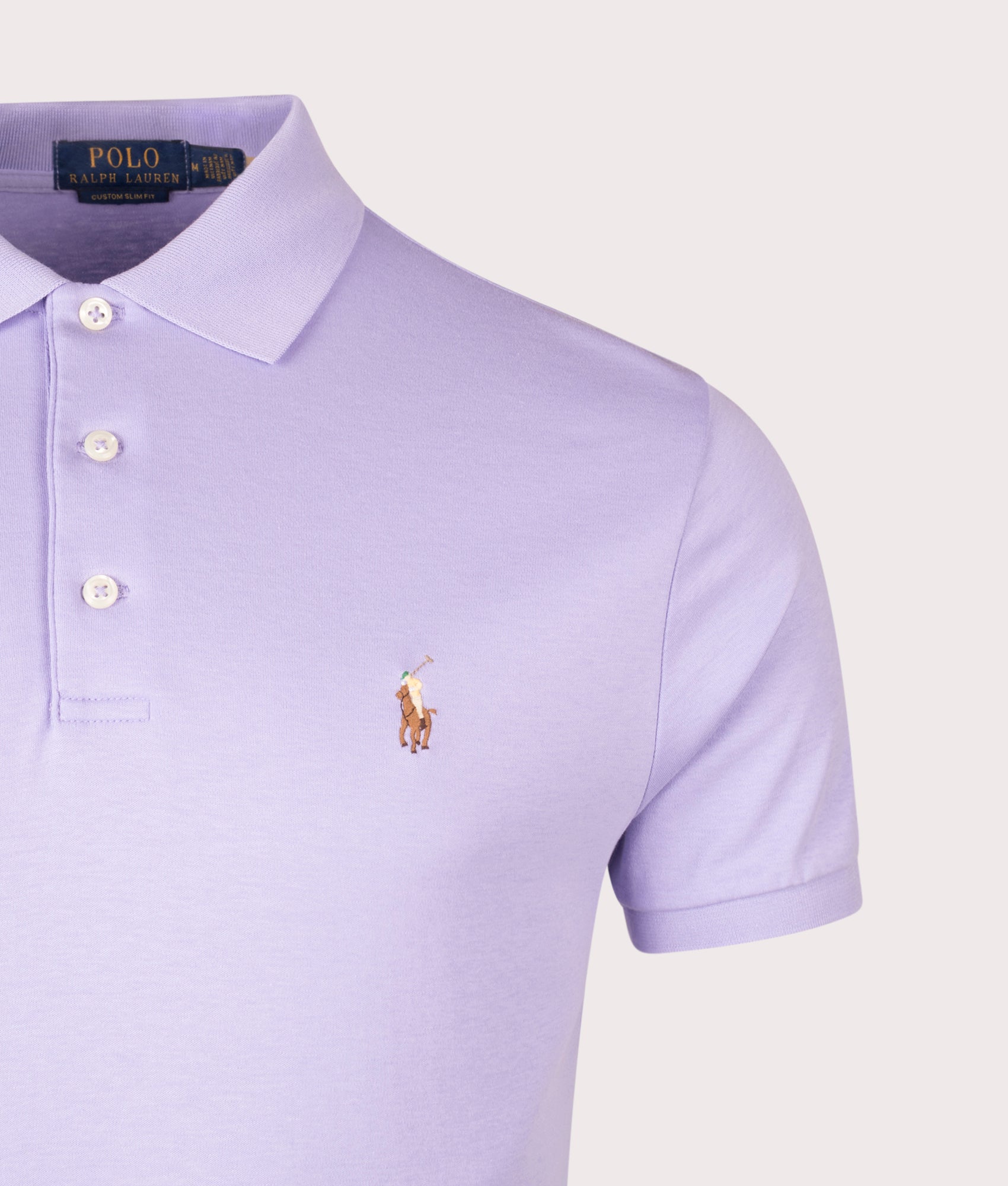 Custom Slim Fit Soft Cotton Polo Shirt by Polo Ralph Lauren in Sky Lavender. Shot by EQVVS. Detail shot.