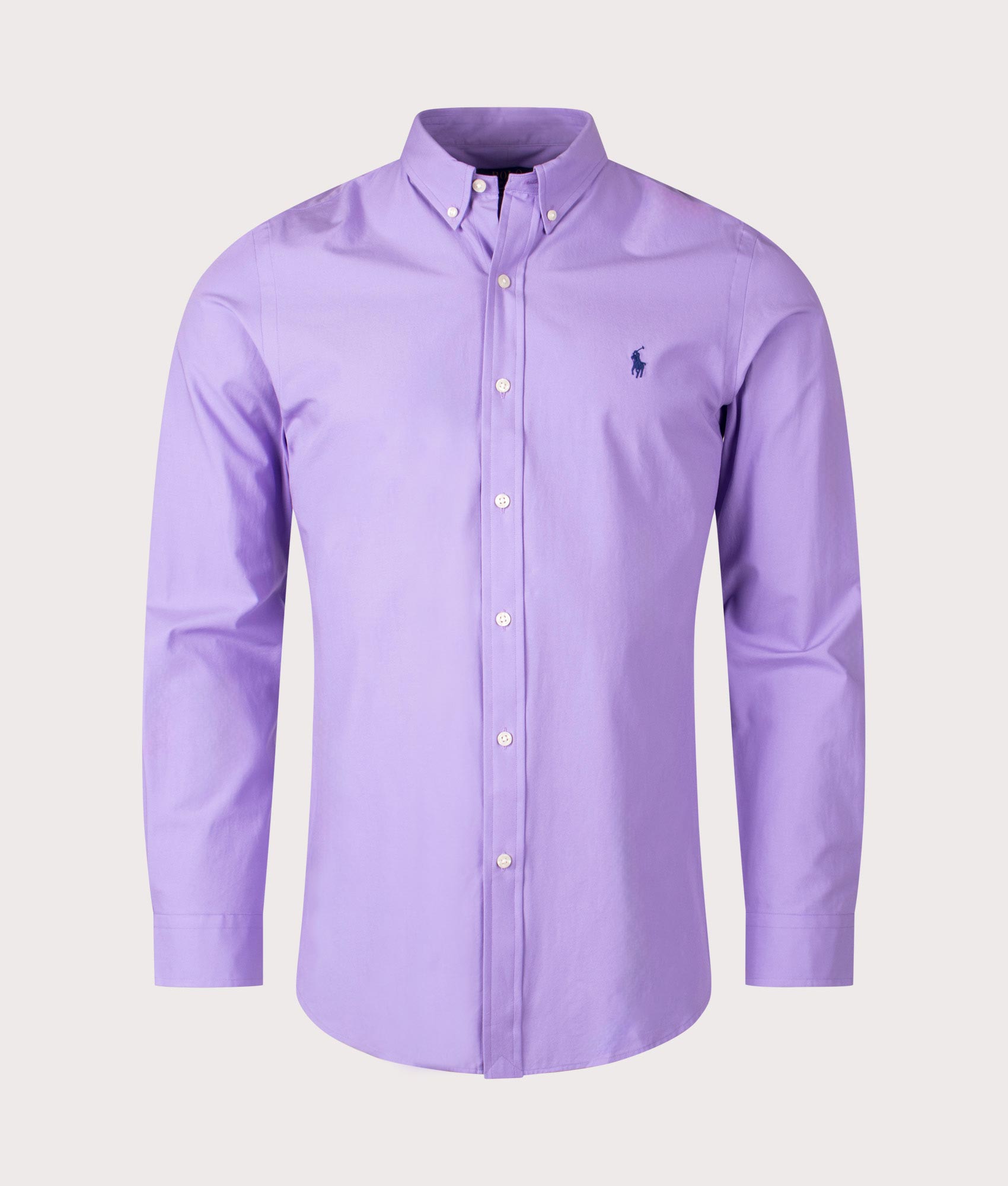 Polo Ralph Lauren Slim Fit Stretch Poplin Shirt in Aix Lavender at EQVVS. Front Shot.