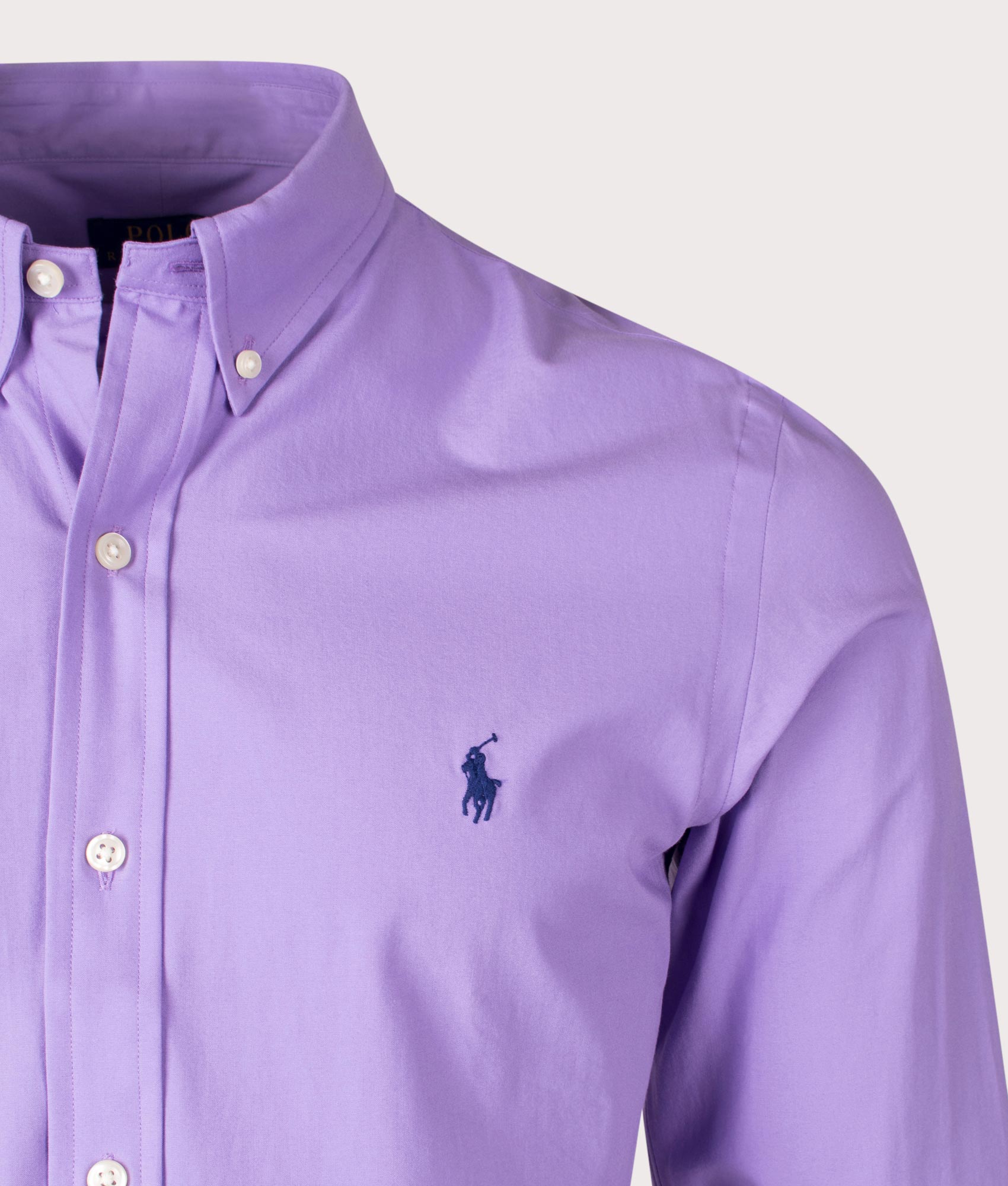 Polo Ralph Lauren Slim Fit Stretch Poplin Shirt in Aix Lavender at EQVVS. Detail Shot.