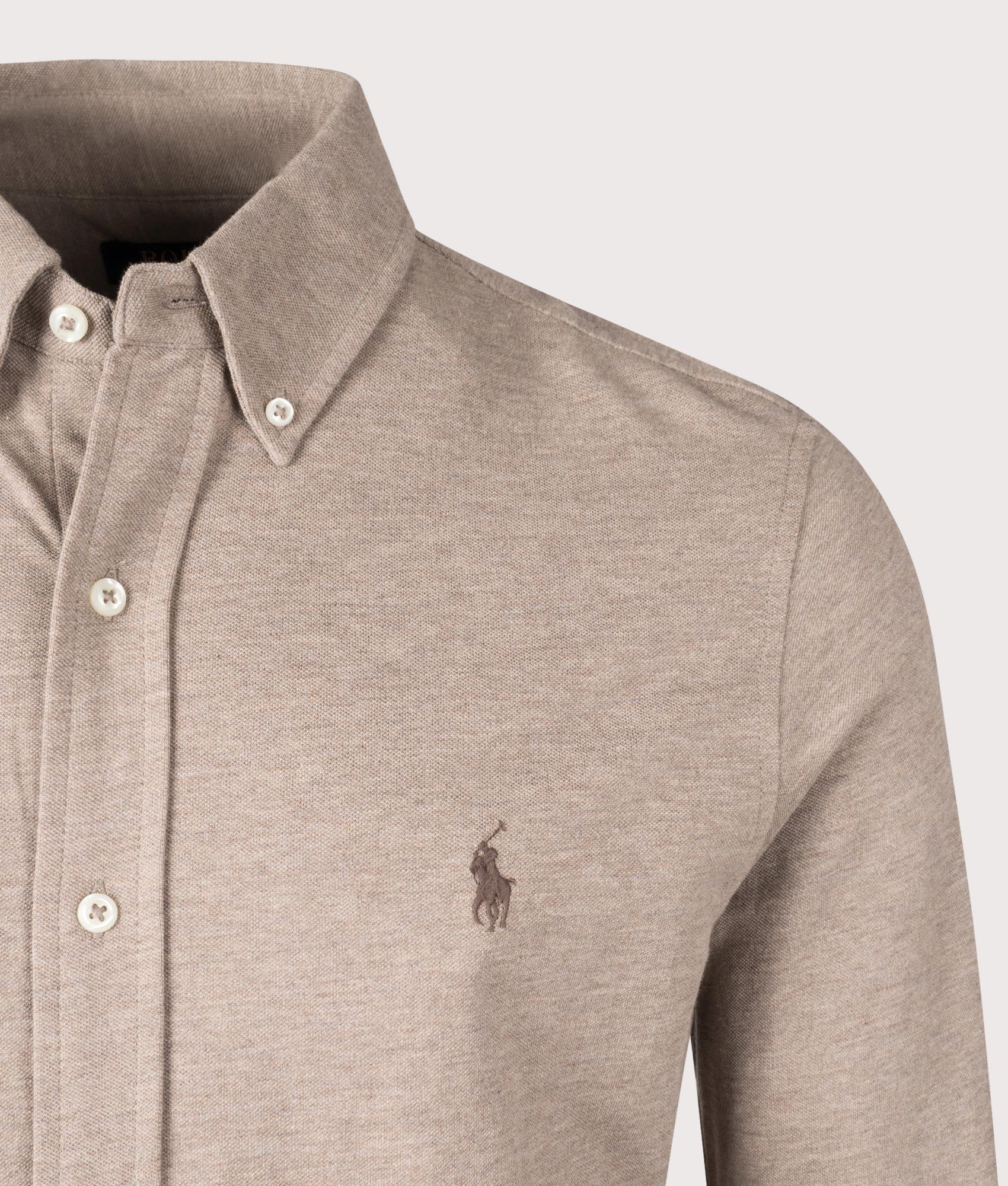 Polo Ralph Lauren Featherweight Mesh Shirt in Adirondak Heather. Detail shot at EQVVS.