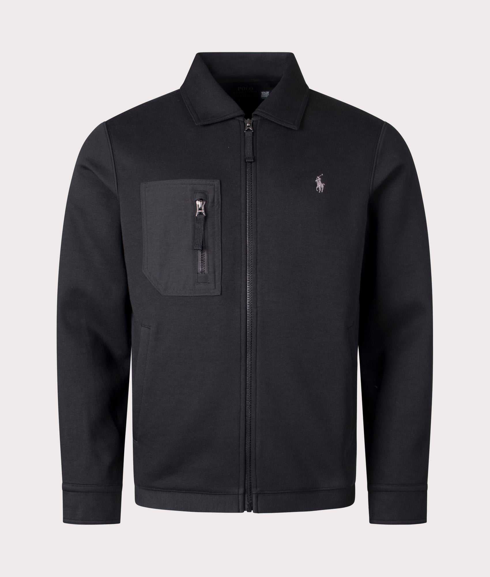 Polo Ralph Lauren Zip Through Bomber Jacket in Polo Black. Front angle shot at EQVVS.